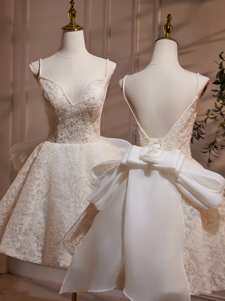Elegant A-Line V-Neck Lace Champagne Short Prom Dress for Homecoming, Party, and Special Occasions - Perfect for Dances, Weddings, and Formal Events