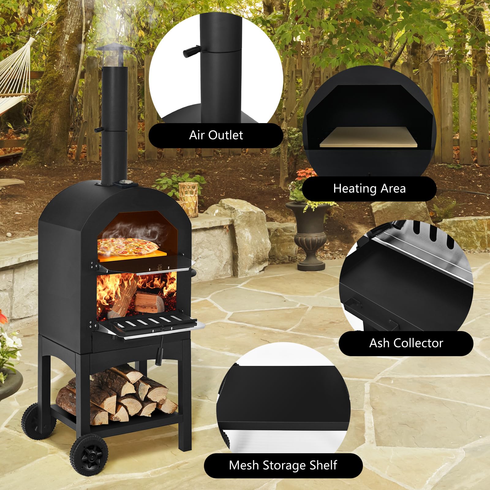 COSTWAY 70813-CYOP Wood Fired Outdoor Pizza Oven with Peel, Stone & Waterproof Cover - Portable Backyard, Patio, Camping Grill for Authentic Italian Pizza & BBQ Cooking