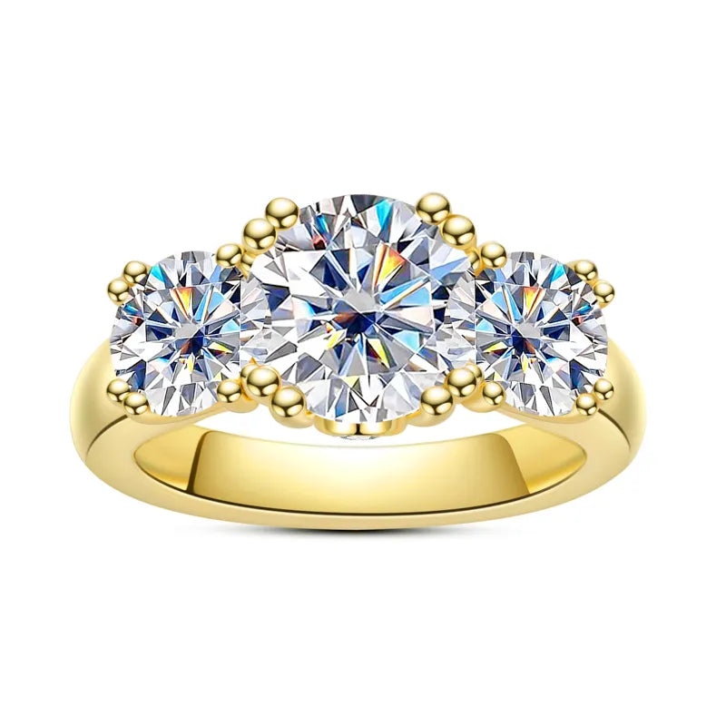 5 Carat Moissanite 925 Sterling Silver Three Stone Engagement Ring for Women - Yellow Gold Plated Wedding Band, Anniversary Gift, Promise Ring for Special Occasions