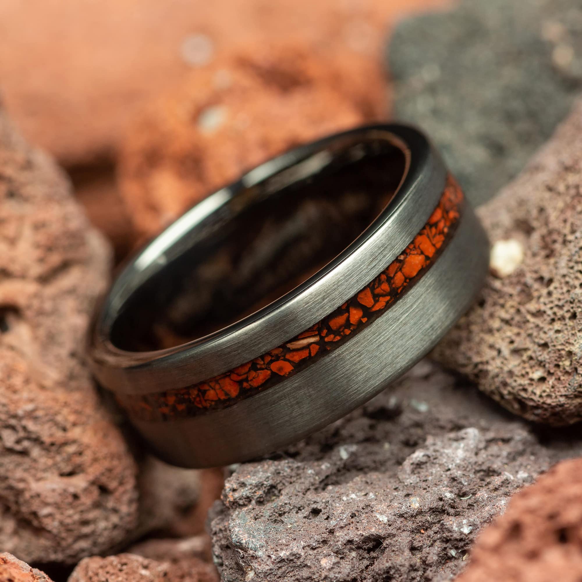 Dinosaur Bone & Meteorite Men's Wedding Ring - Brushed Gunmetal Tungsten Band, 8mm Comfort Fit - Unique Groomsmen, Anniversary & Gift Jewelry for Outdoor Enthusiasts