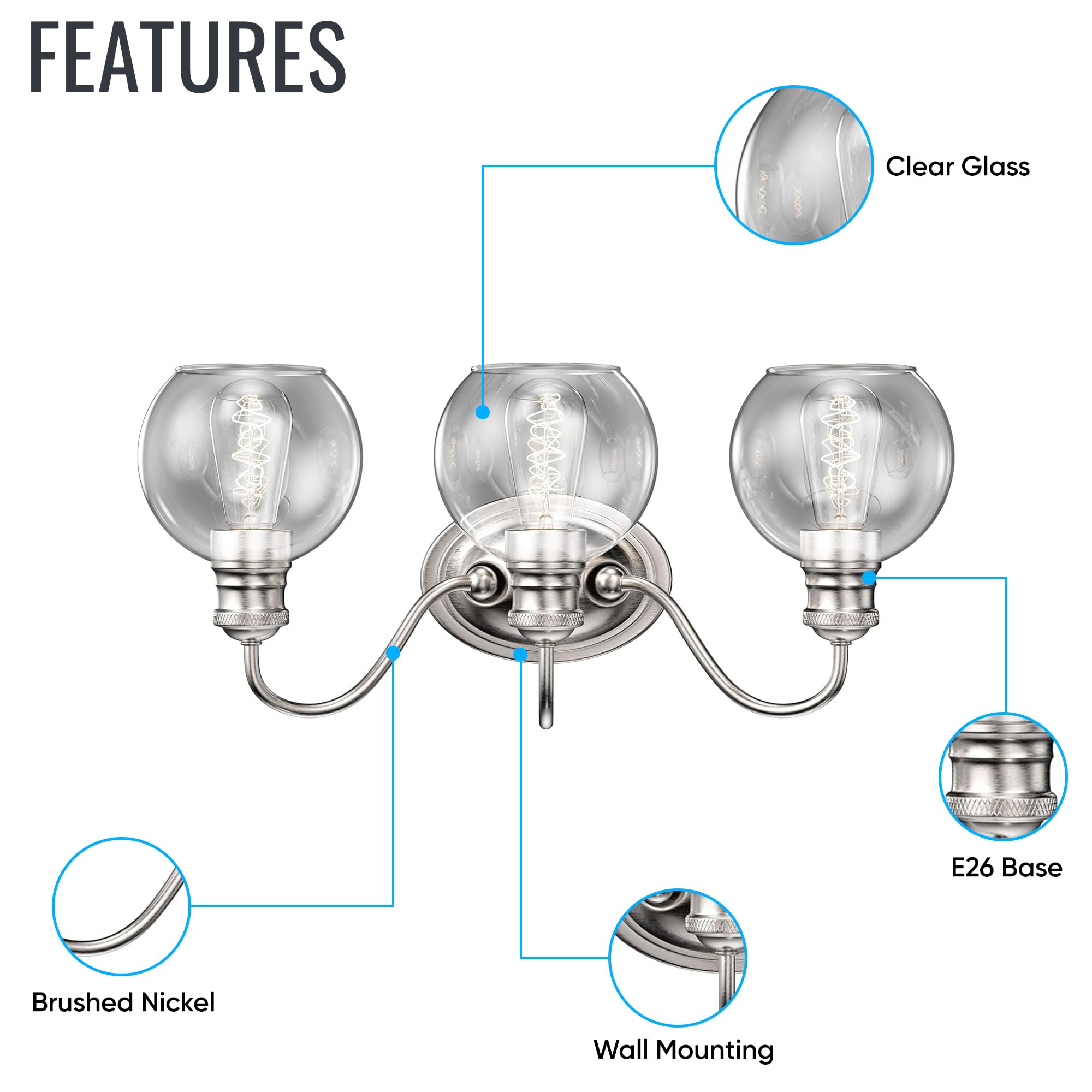 Modern LED Bathroom Vanity Light - 3-Light Brushed Nickel Wall Sconce for Bedroom & Hallway - Clear Glass Shade, E26 Base (Bulb Not Included) - Perfect for Mirror Lighting & Indoor Decor