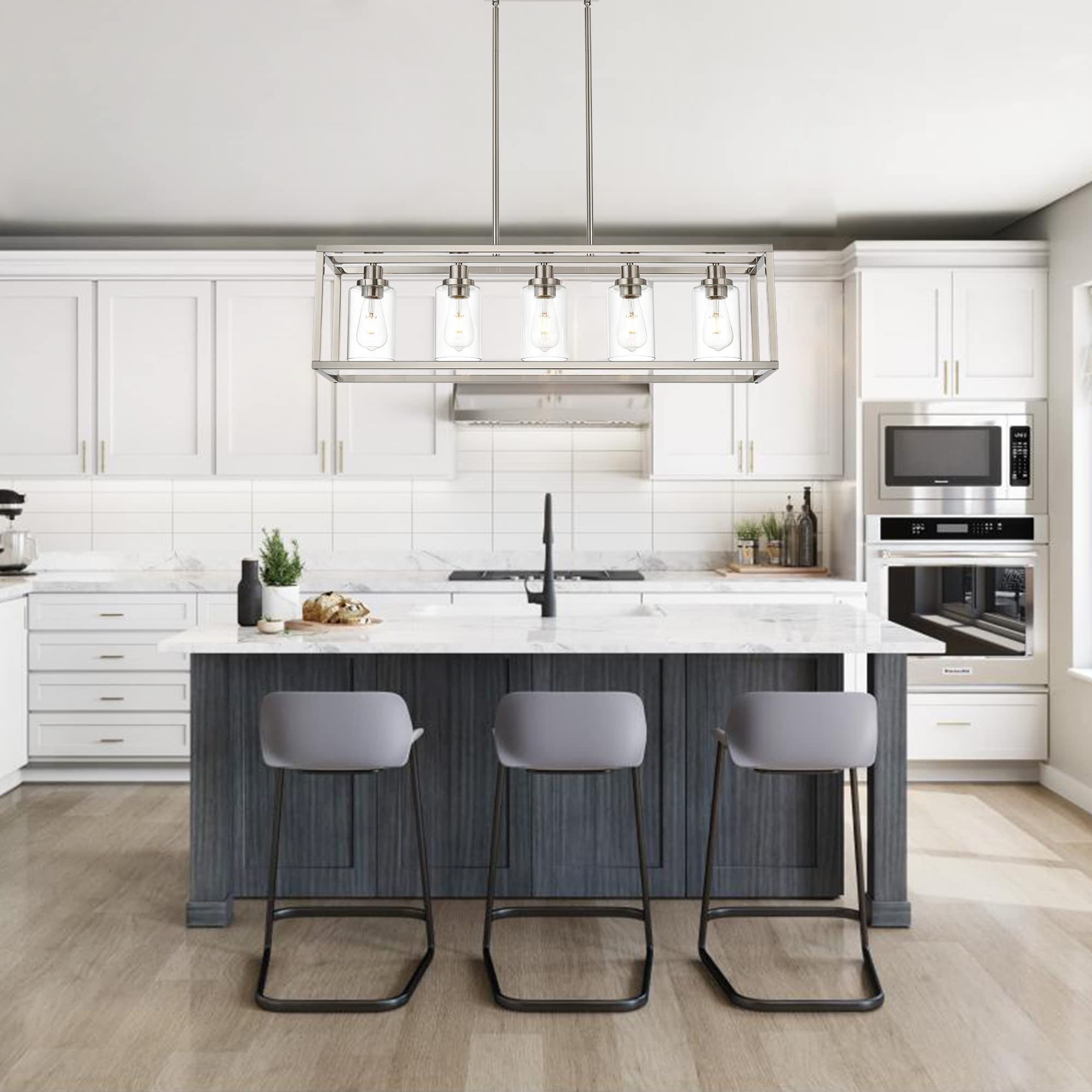 MELUCEE 5-Light Modern Brushed Nickel Pendant Light - Clear Glass Shade Contemporary Chandelier for Dining Room, Kitchen Island, Living Room & Bedroom | Elegant Hanging Lighting Fixture for Home Decor