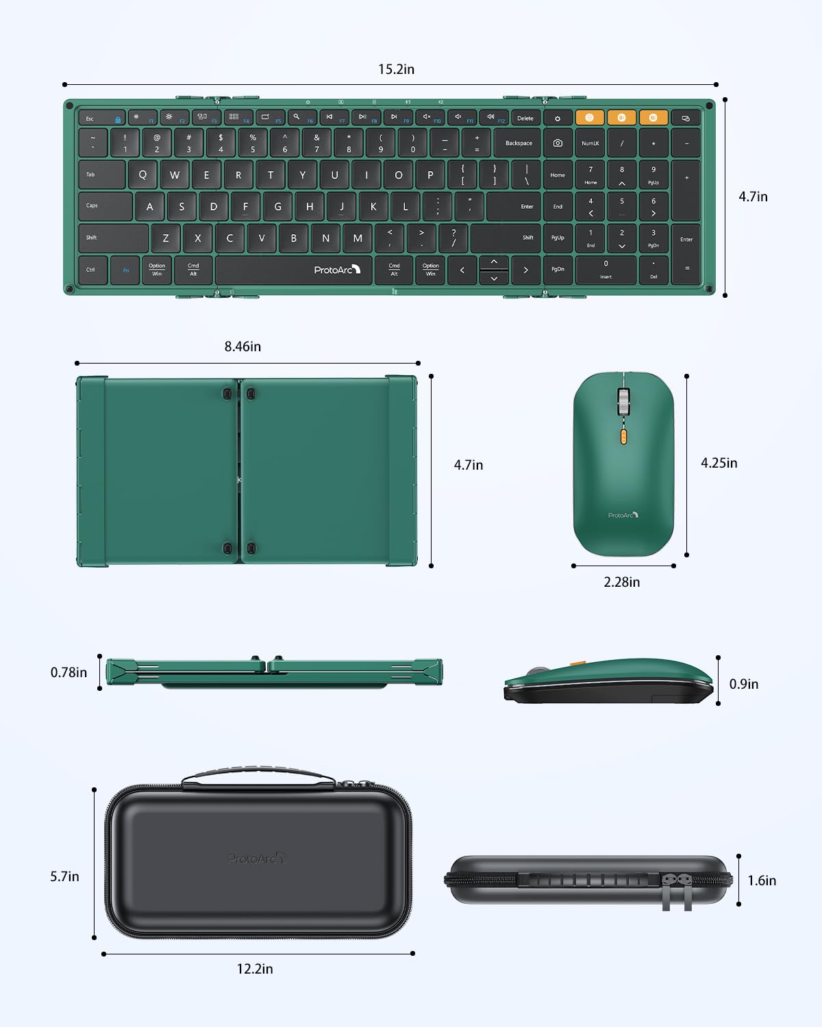 ProtoArc XKM01 Foldable Bluetooth Keyboard and Mouse Combo - Full-Size Portable Wireless Keyboard with 2.4G & Dual Bluetooth for Laptop, iPad, Tablet - Green | Perfect for Business Travel, Remote Work & On-the-Go Productivity