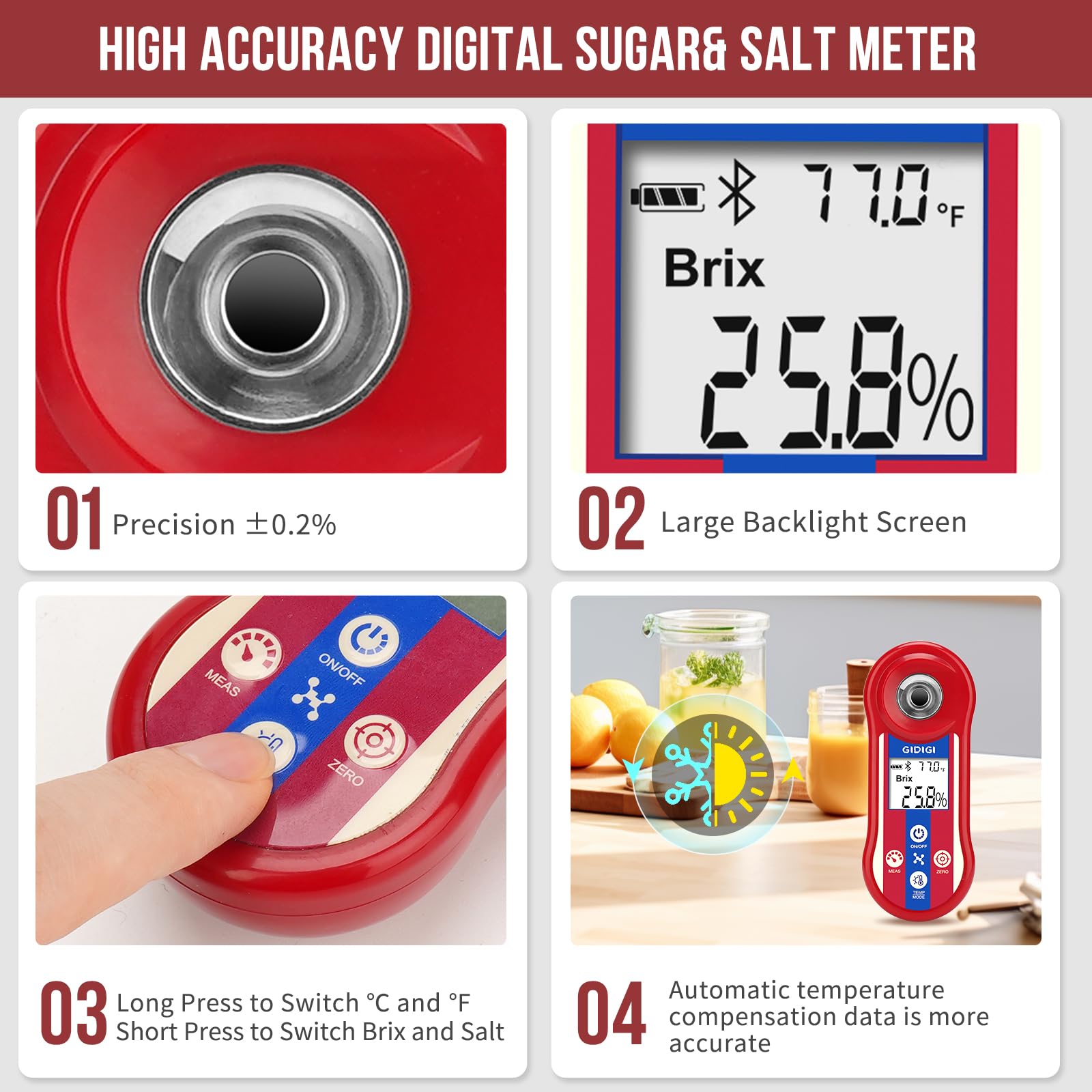 Digital Brix Refractometer & Salinity Tester - 0.0-60% Brix & 0.0-24% Saltwater ATC Meter for Wine, Beer, Juice, Coffee, Fruits - Portable Sugar Content Analyzer for Home Brewing, Aquariums, Food Processing & Agriculture