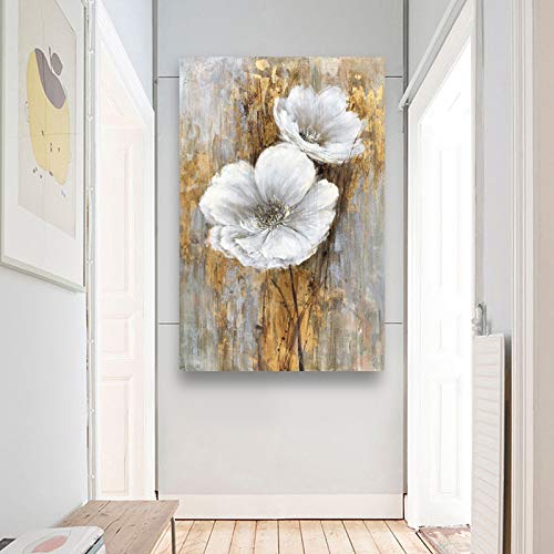 Hand Painted Lily Bouquet Oil Painting with Gold Foil - White Floral Wall Art for Bedroom Decor | Elegant Home & Office Wall Decor | Perfect Gift for Housewarming & Wedding