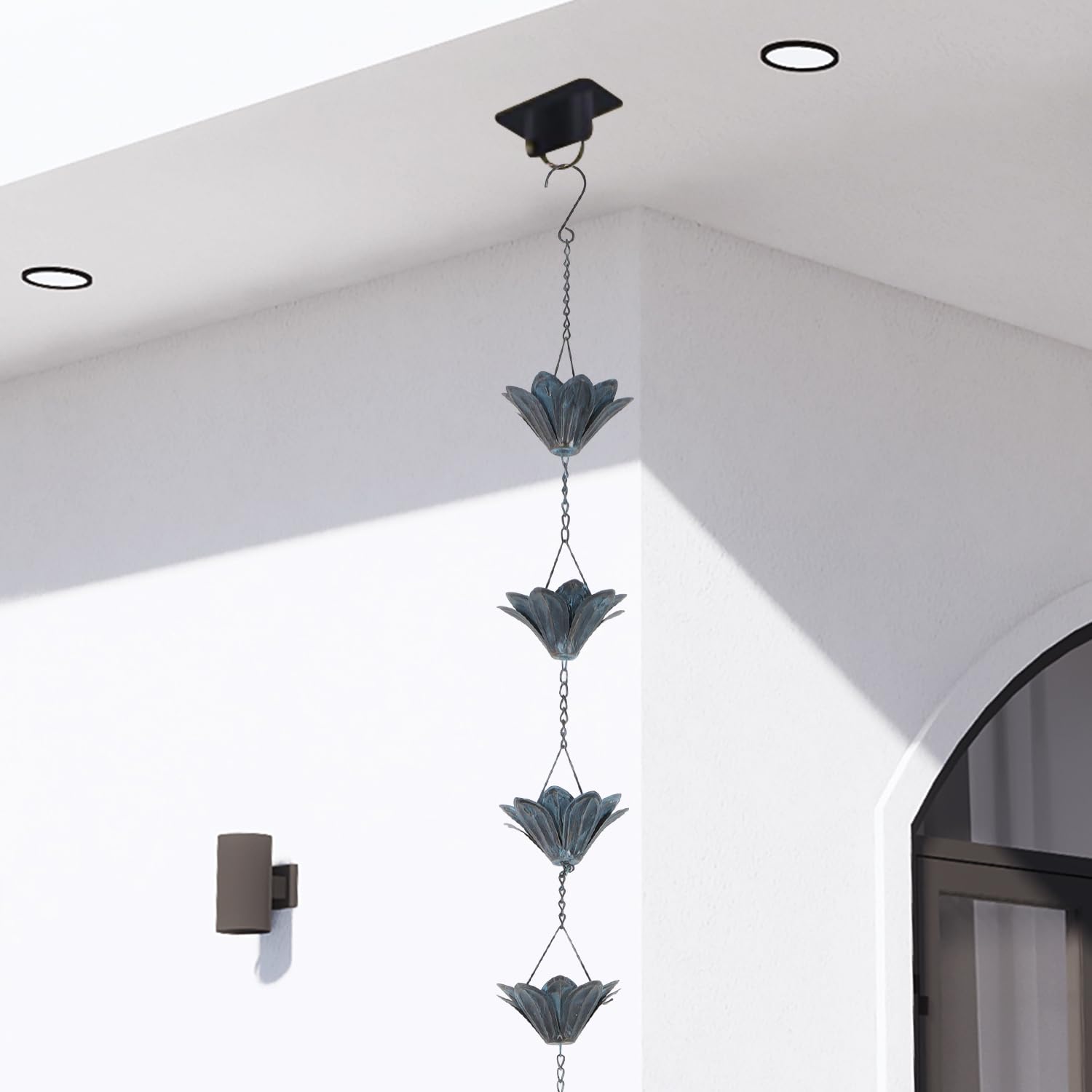 Topadorn 7.85 FT Decorative Iron Gutter Chain with 12 Rain Collector Cups & Flower Cups - Garden Water Feature for Outdoor Decor, Patio, Yard, and Landscape Design