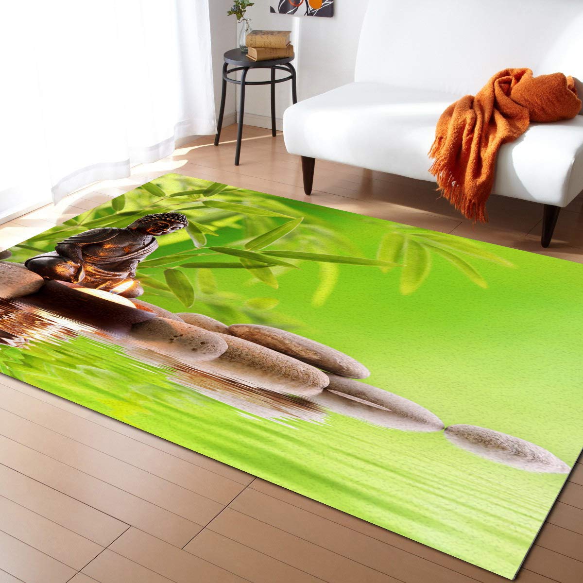 Chinese Culture Inspired 4'x7' Runner Rug - Indoor/Outdoor Washable Carpet for Kitchen, Living Room, Bathroom, Bedroom, Classroom & Laundry | Green Plant Bamboo Stone Design Welcome Mat for Home Decor & Office Entrance