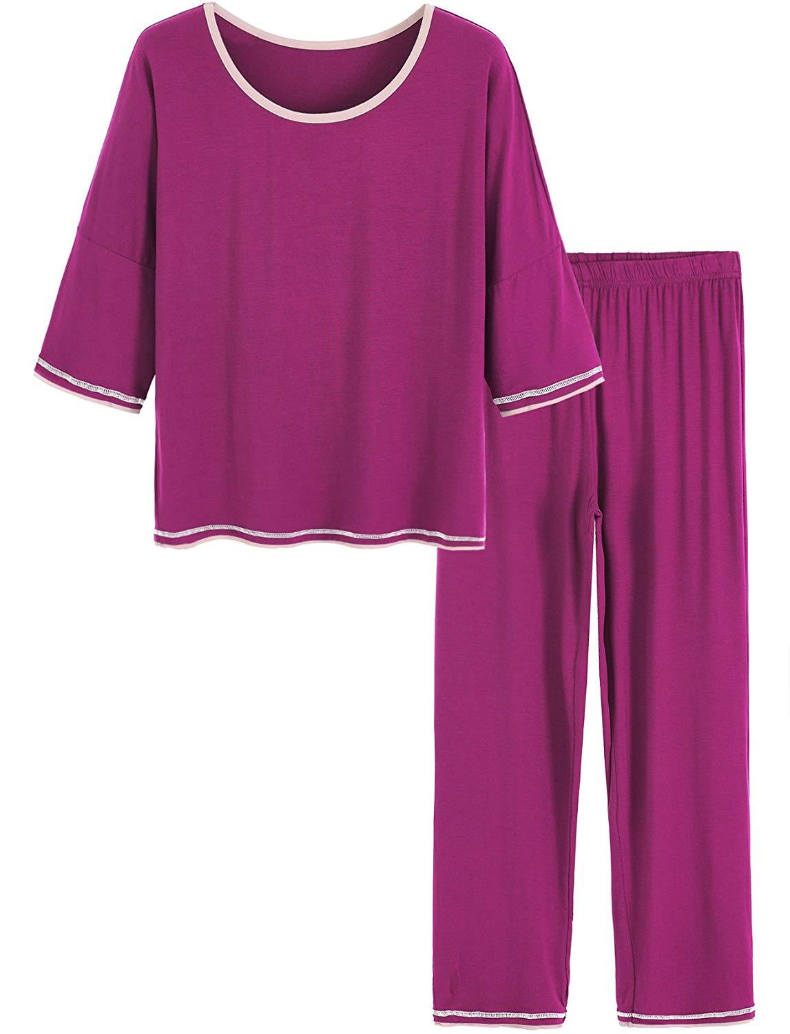 Women's 3/4 Sleeve Scoop Neck Bamboo Pajama Set - Soft & Breathable Sleepwear for Lounge & Nighttime Comfort - Perfect for Relaxing at Home, Travel & Gift Giving