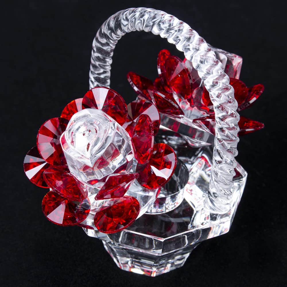 HUANSUN Crystal Red Rose Flower Basket Figurine - Handcrafted Glass Art Collectible Gift for Home Decor, Wedding Centerpiece, Anniversary Present & Romantic Table Display (1 Piece)