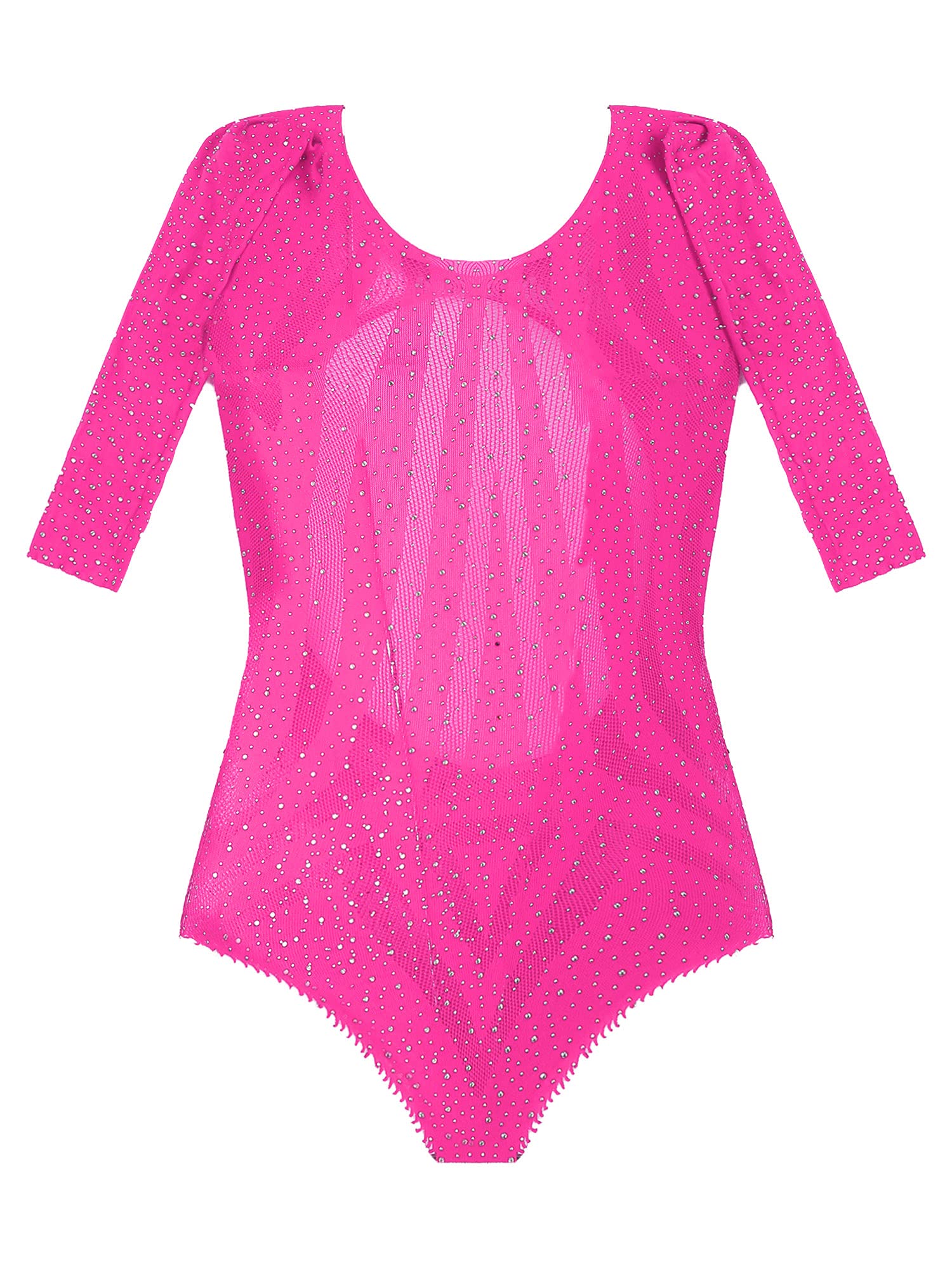 Freebily Women's Shiny Rhinestone Leotard Tops - Off Shoulder Slim Fitted Long Sleeve Mesh Jumpsuit for Dance, Gymnastics & Performance (Black, Small)