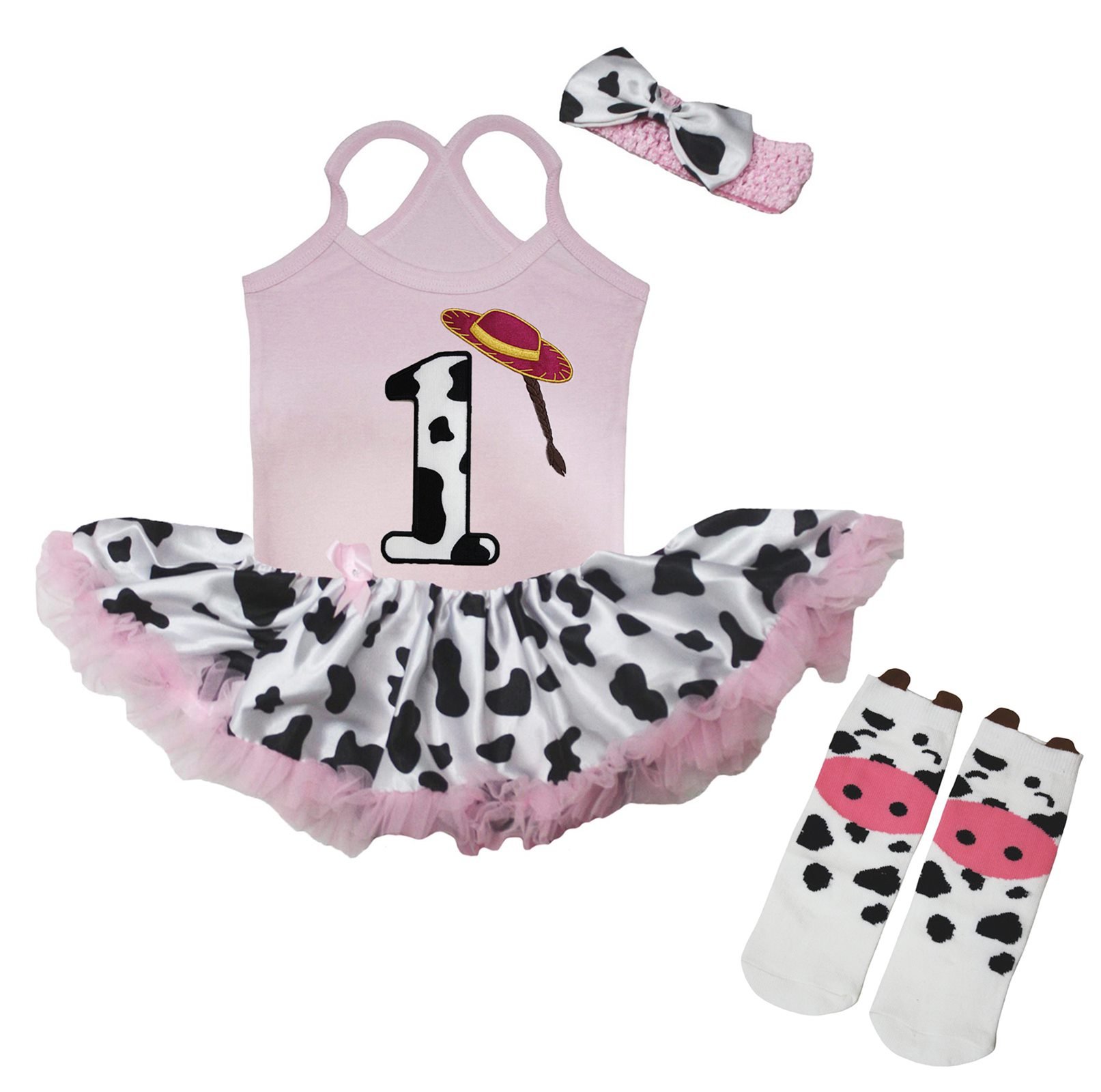 Petitebella Cowgirl 1st Birthday Halter Neck Baby Dress with Milk Cow Print & Tutu Leg Warmers for Newborn-24 Months | Western Theme Photoshoot, Birthday Party Outfit