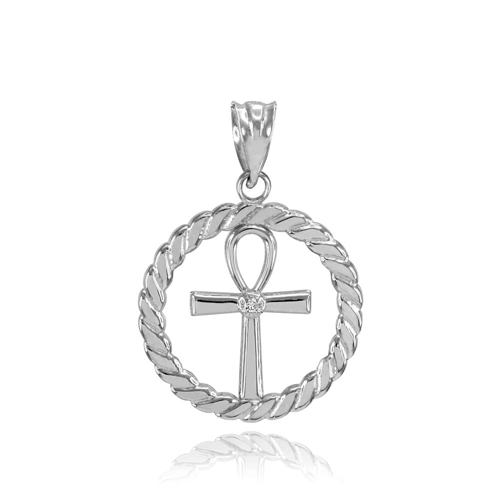 10K White Gold Roped Circle Egyptian Ankh Cross Pendant with Diamonds - Elegant Spiritual Jewelry for Women, Perfect Gift for Birthday, Anniversary & Special Occasions