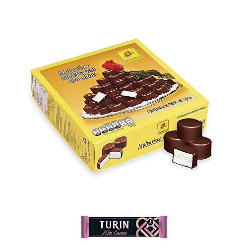 De La Rosa 100% Milky Chocolate Covered Marshmallows - 50 Count with Bonus 70% Cacao Turin Chocolate Bar | Famous Mexican Candy for Kids | Perfect for Birthday Parties, School Snacks & Holiday Gifts