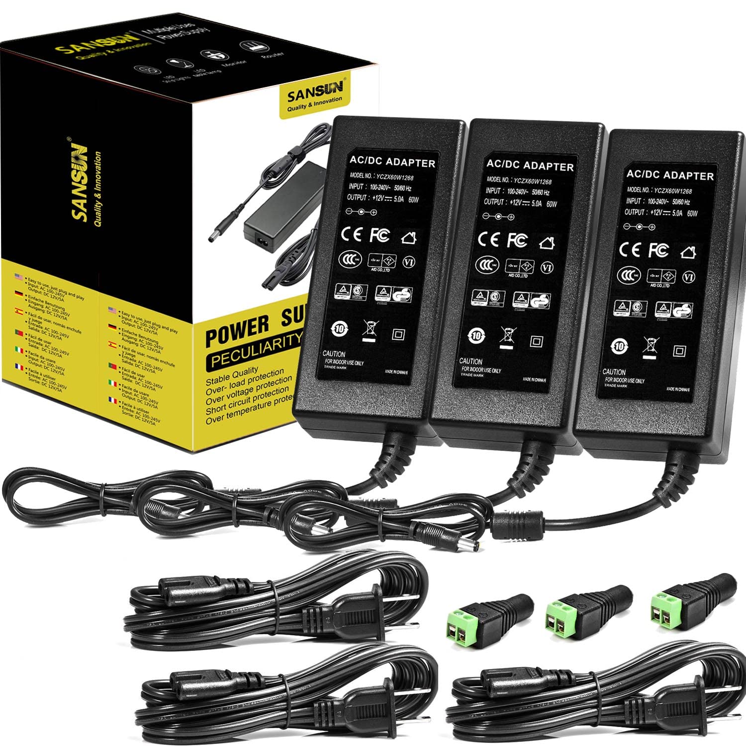 12V 5A 60W Power Adapter, AC 120V to DC 12V Converter with 5.5x2.1mm Jack - Universal Power Supply for LED Strip Lights, CCTV Cameras, Hard Drives, Monitors & More (3-Pack) - Perfect for Home Security, Office Electronics & DIY Lighting Projects