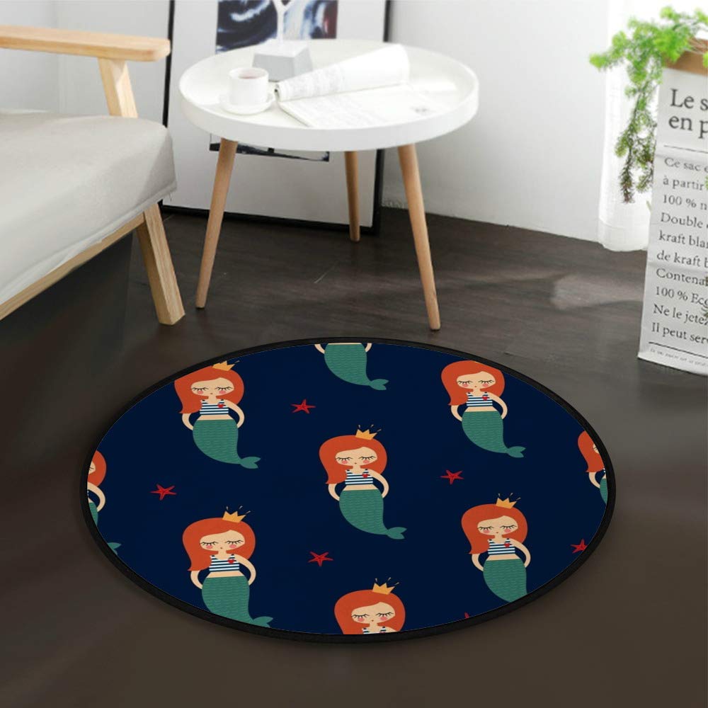 Cute Mermaid Cartoon Round Area Rug - 3' Diameter Non-Slip Polyester Floor Mat for Living Room, Bedroom & Kids Play Area | Perfect for Yoga, Playtime & Home Decor