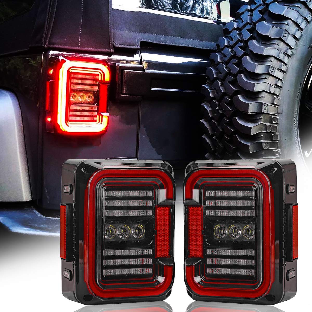 AMONLY LED Tail Lights for Jeep Wrangler JK & JKU 2007-2018 - DOT Approved 20W Clear Lens Reverse/Brake/Daytime Running Lights with Built-in EMC (2-Pack) - Perfect for Off-Roading & Night Driving