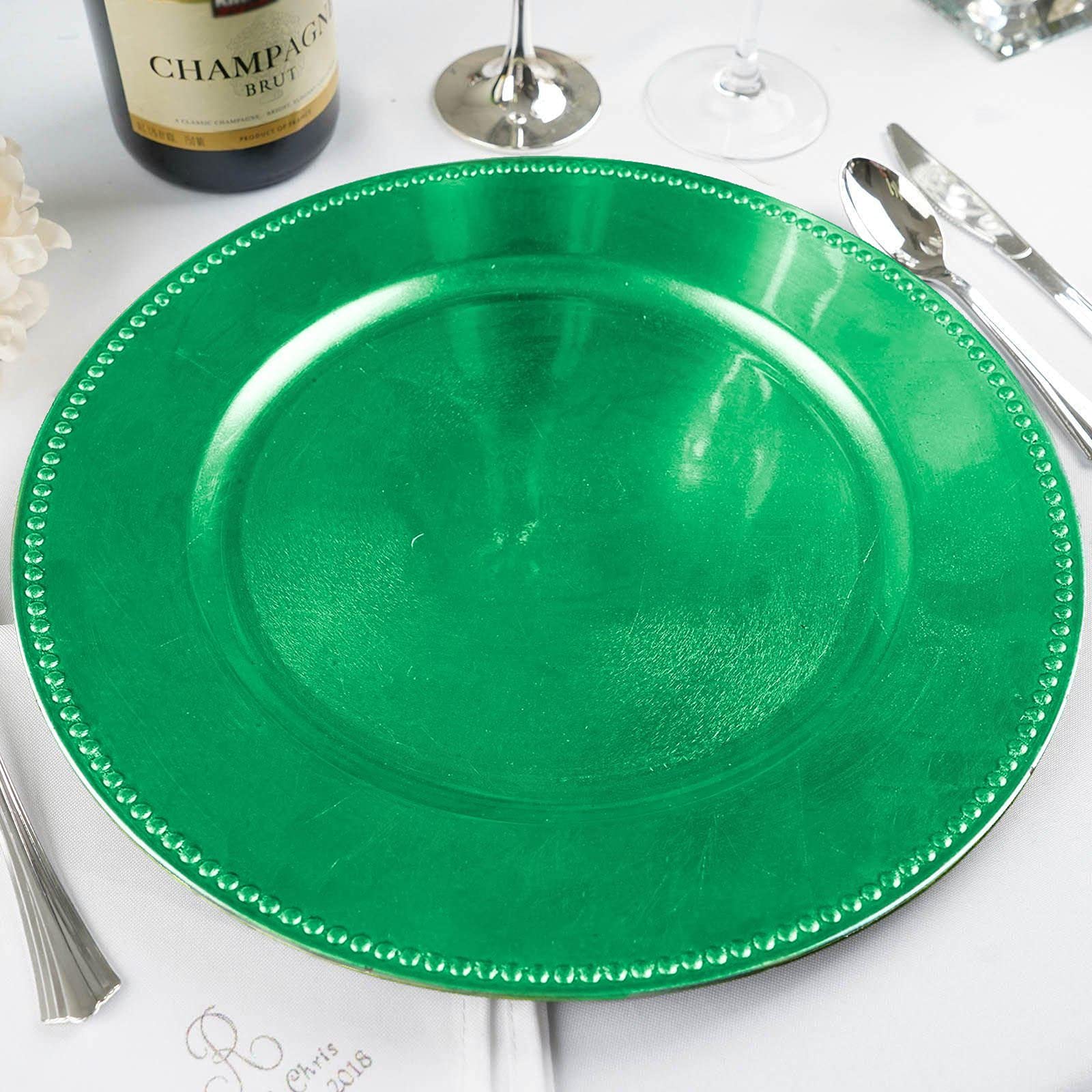 Eco-Friendly Green Plastic Beaded Charger Plates Set of 6 - 13 Inch Round Metallic Wedding & Party Decor Chargers - Elegant Dinner Plate Enhancers for Formal Events, Bridal Showers, and Holiday Celebrations