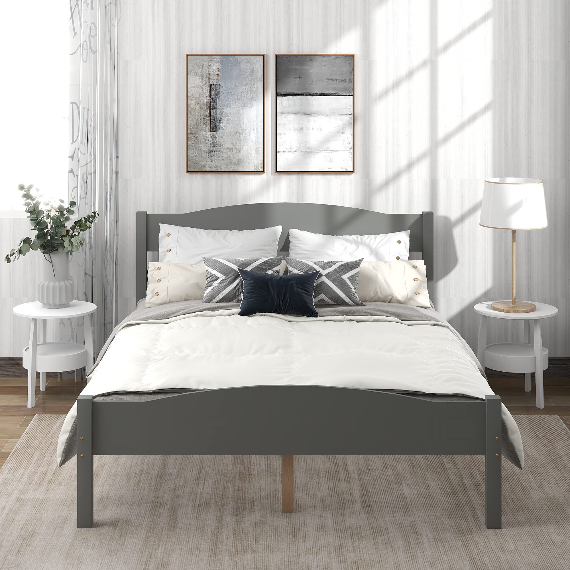 Modern Wood Platform Bed Frame with Horizontal Strip Hollow Headboard & Footboard, Full Size Gray - Sturdy Center Support for Bedroom, Guest Room, or Dorm