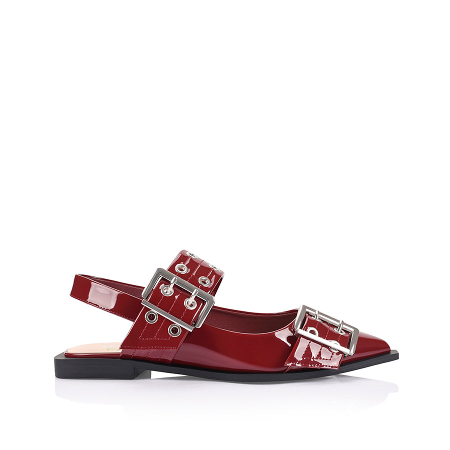 Clea Slingback Buckle Flats - Women's Comfortable Wine Red Patent Leather Ballet Shoes for Work, Office & Casual Wear