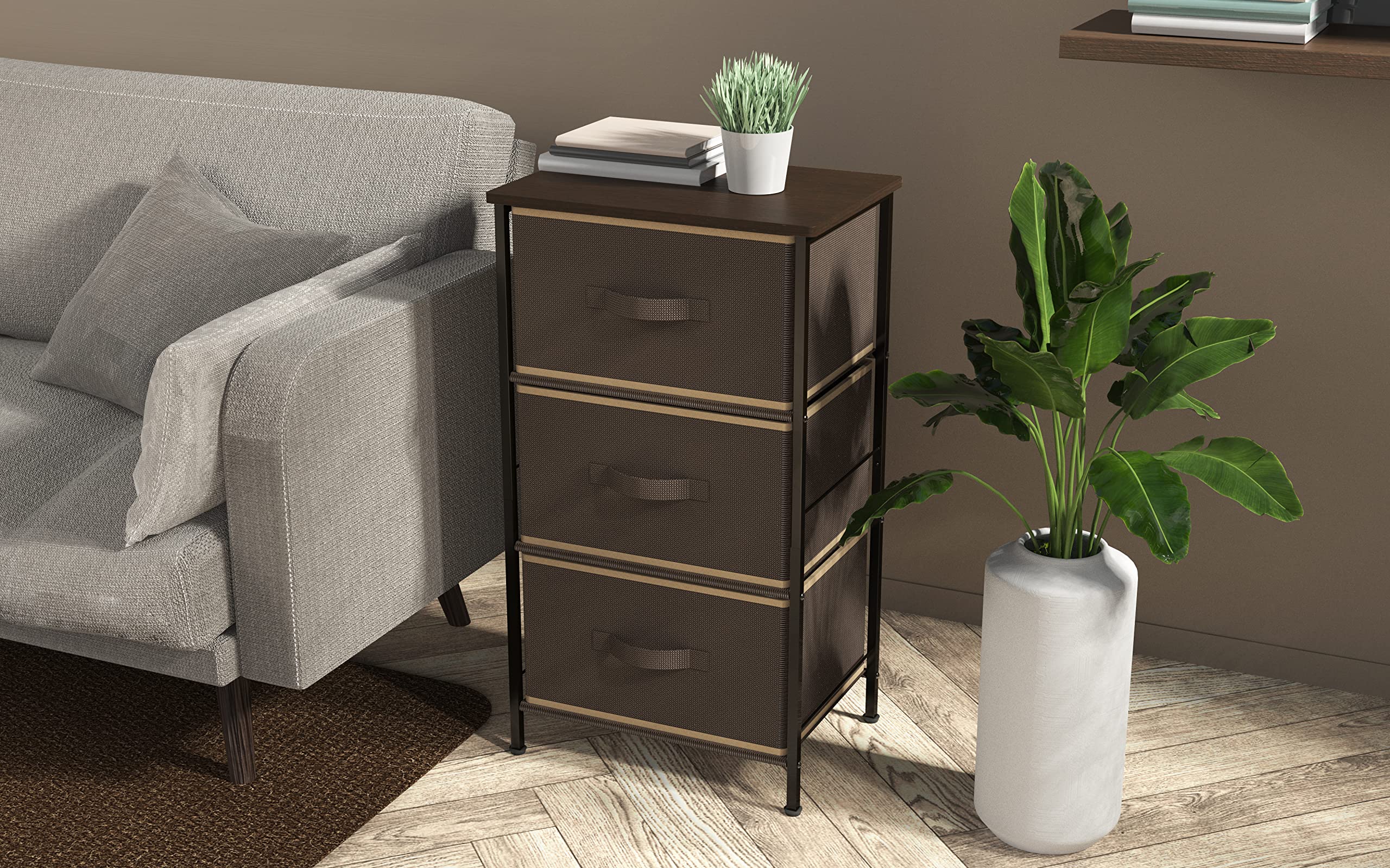 Simple Houseware 3 Drawer Nightstand Dresser with Wood Top, Brown - Bedside Table for Bedroom, Living Room & Office Storage Organizer