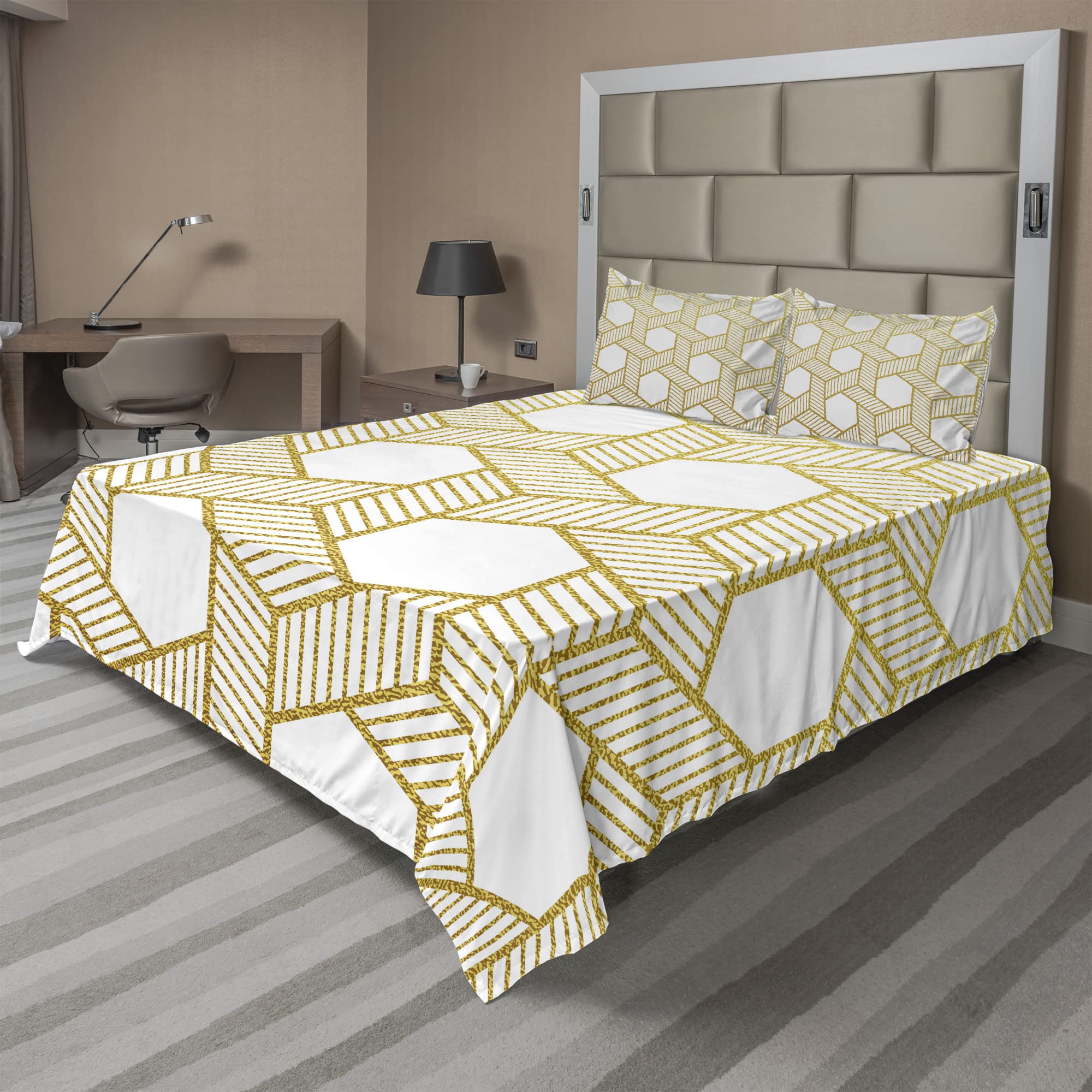 Ambesonne Geometric Bed Sheet Set - Contemporary Hexagonal Stripes Design, 4-Piece King Size Bedding with Fitted Sheet, Flat Sheet & Pillowcases in Yellow & White | Perfect for Modern Bedrooms, Guest Rooms & Dorm Decor