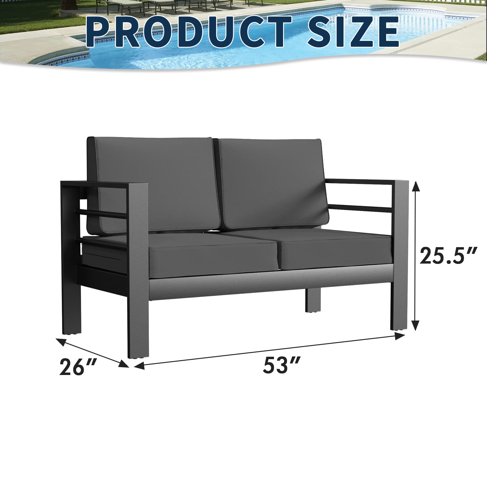 Amopatio Oversized Patio Loveseat - All-Weather Aluminum Outdoor 2-Seater Sofa with 5
