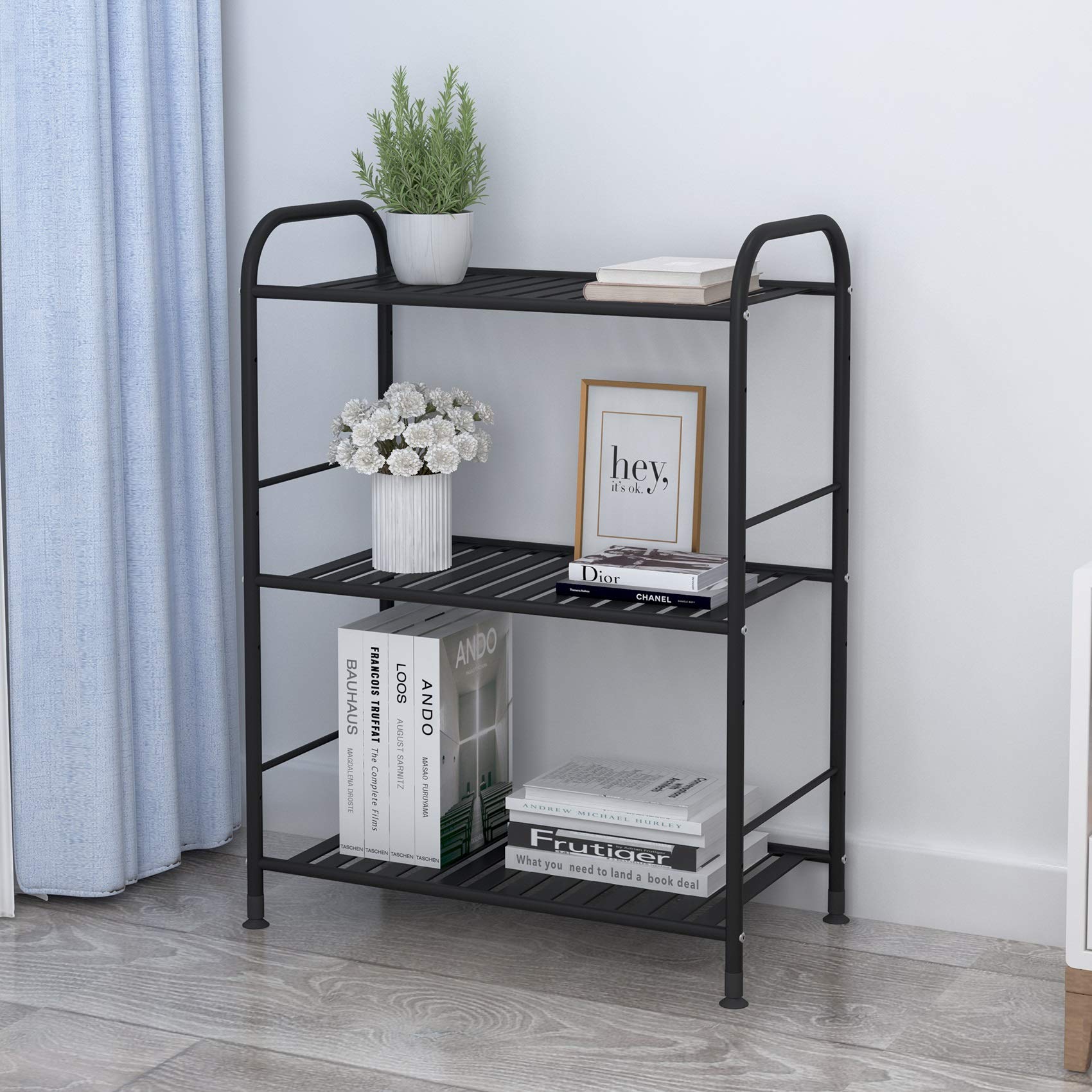 JSB 3-Tier Adjustable Metal Shelf Unit - Heavy Duty Storage Rack Organizer for Kitchen, Bathroom, Living Room & Laundry - Space Saving Corner Shelf (Black) - Perfect for Pantry Organization & Home Storage Solutions