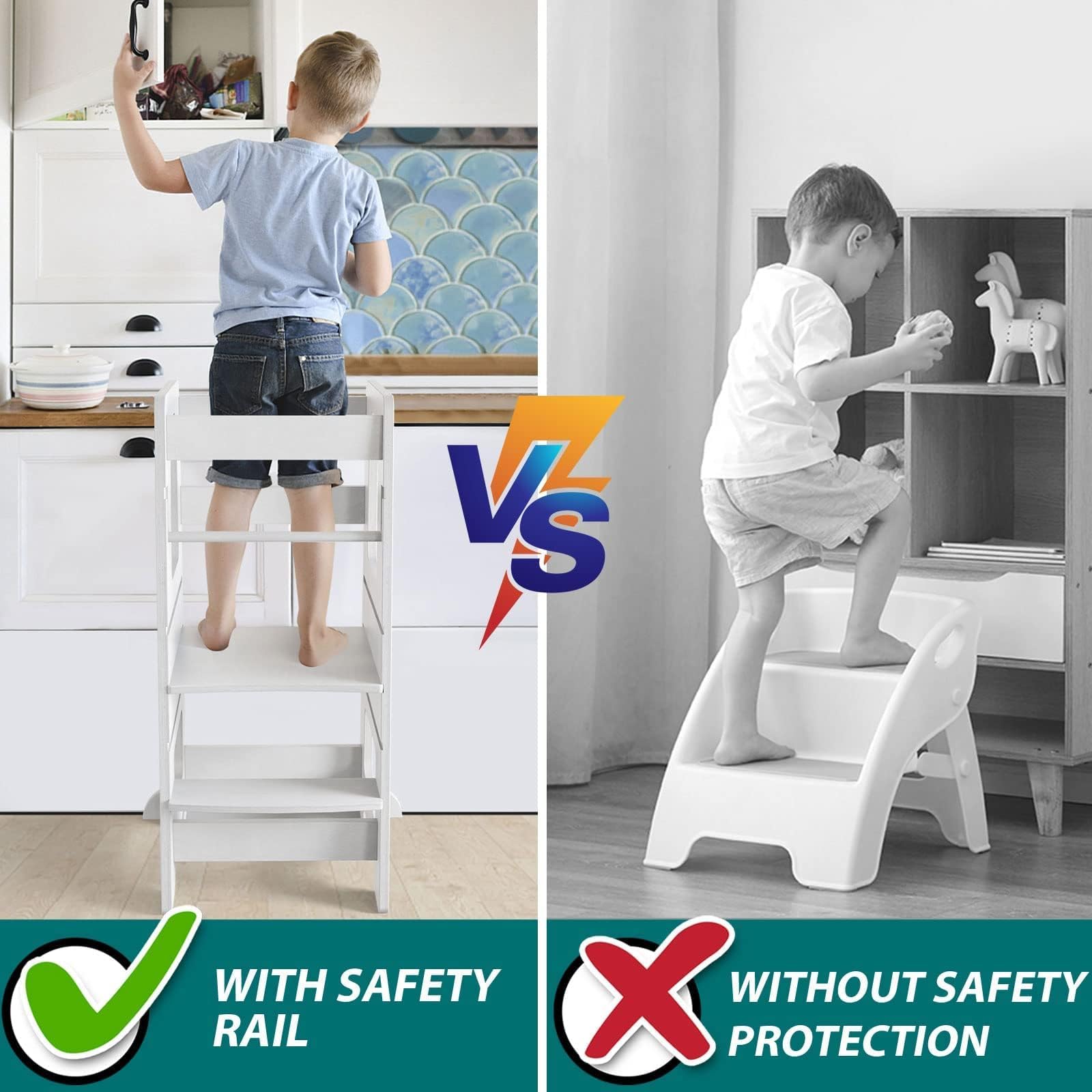 WOOD CITY Adjustable Toddler Step Stool with Safety Rail - White Kitchen Learning Tower for Kids, Height Adjustable Standing Stool for Counter, Sink & Bathroom - Perfect for Cooking, Washing Hands & Brushing Teeth