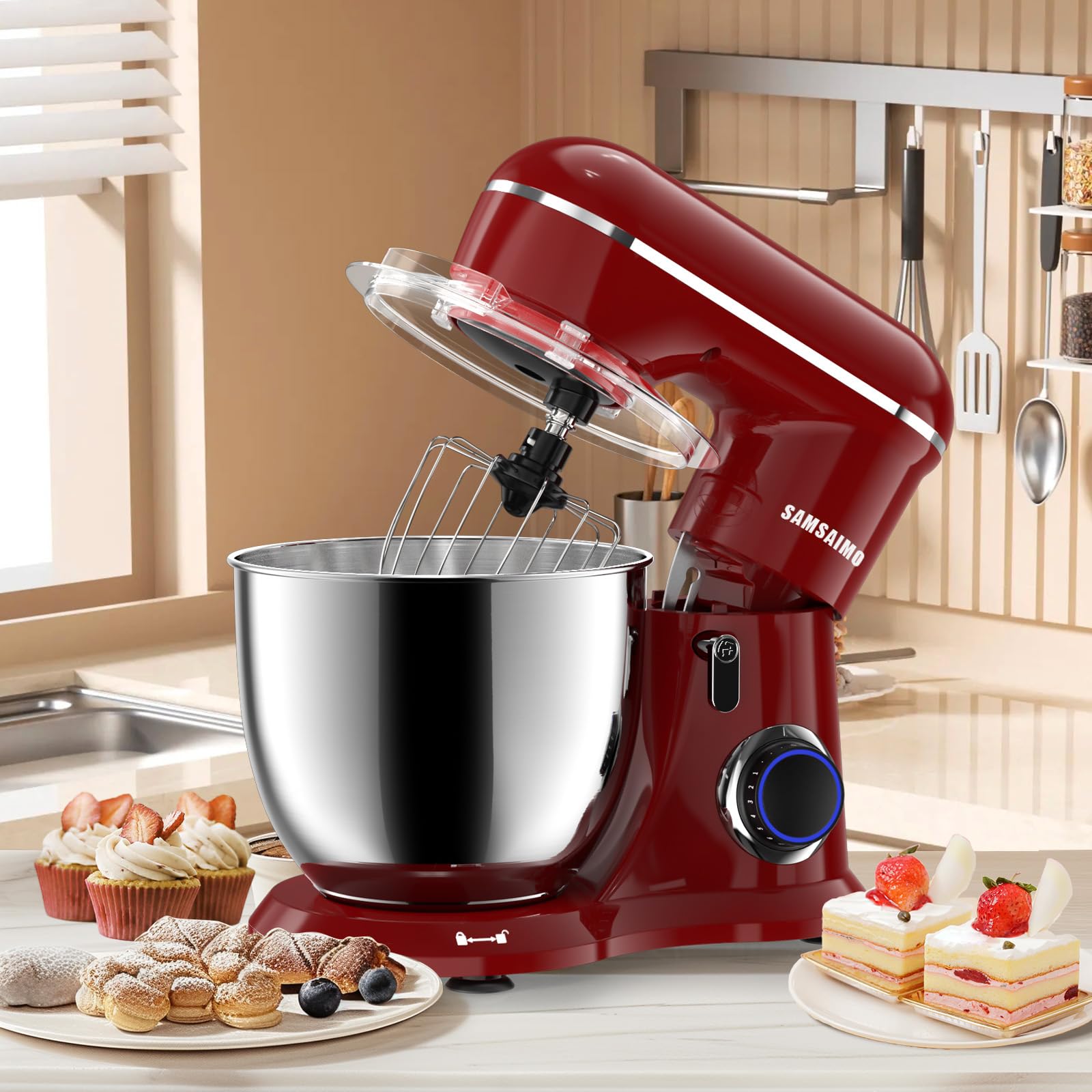 660W 10-Speed 3-in-1 Electric Stand Mixer with Pulse Button - Includes 6.5QT Stainless Steel Bowl, Dough Hook, Beater & Whisk - Perfect for Baking Cakes, Cookies, Bread & More - Empire Red Kitchen Mixer for Home Bakers