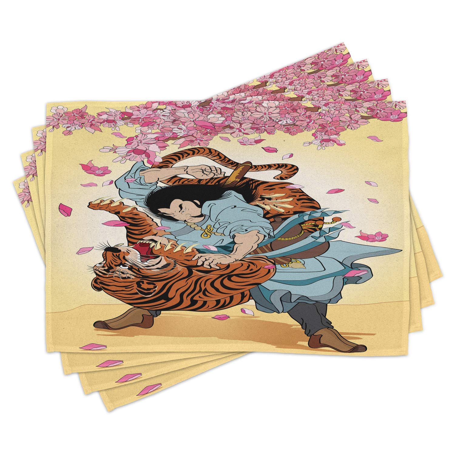 Ambesonne Japanese Style Place Mats Set of 4 - Samurai Tiger & Sakura Cherry Blossom Cartoon Print Washable Fabric Table Mats for Dining Room & Kitchen Decor - Perfect for Asian-Themed Dinner Parties & Home Decor