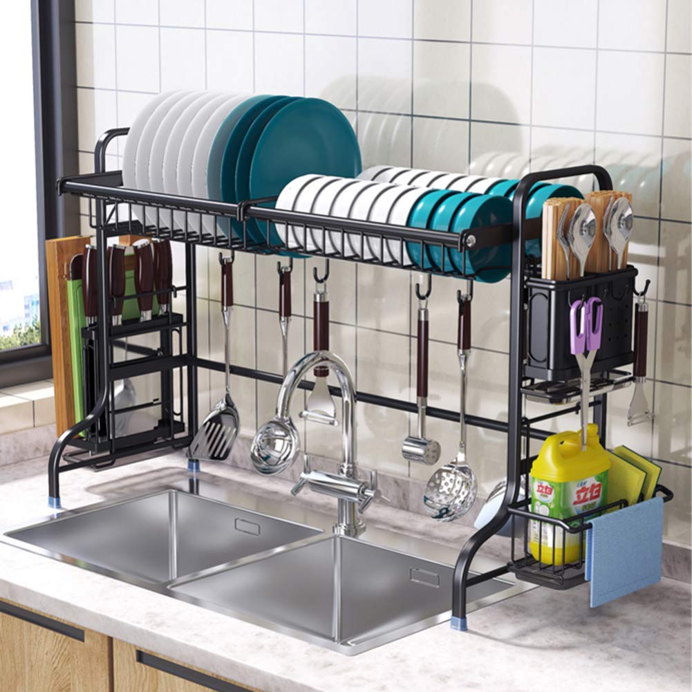 Premium Stainless Steel Over The Sink Dish Rack with Utensil Holder - 37 Inch Black Single Tier Dish Drainer for Kitchen Countertop Storage | Space-Saving Drying Rack for Small Kitchens & Apartments
