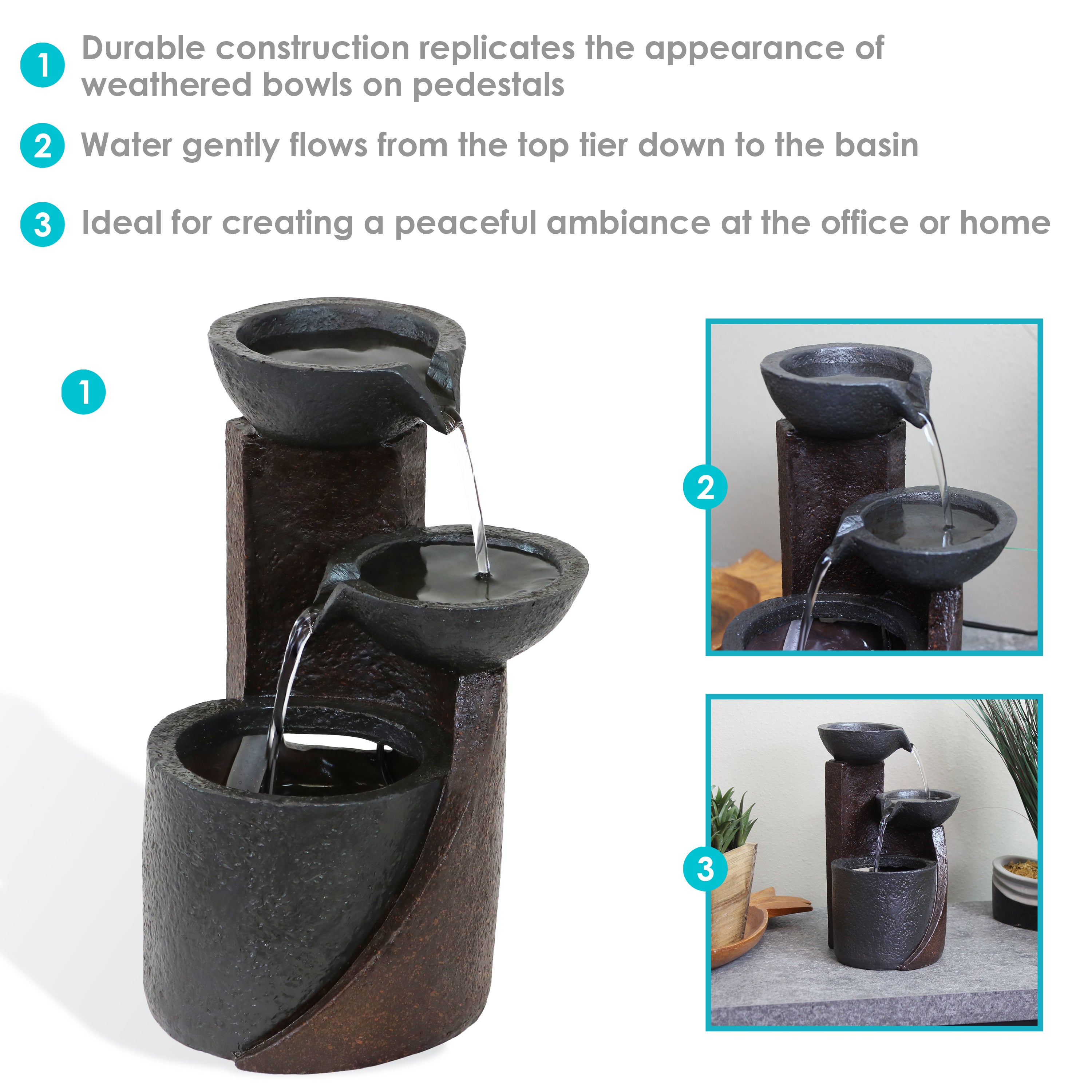 3-Tier Indoor Tabletop Water Fountain with Descending Bowls by Sunnydaze - Perfect for Home, Office, and Meditation Spaces