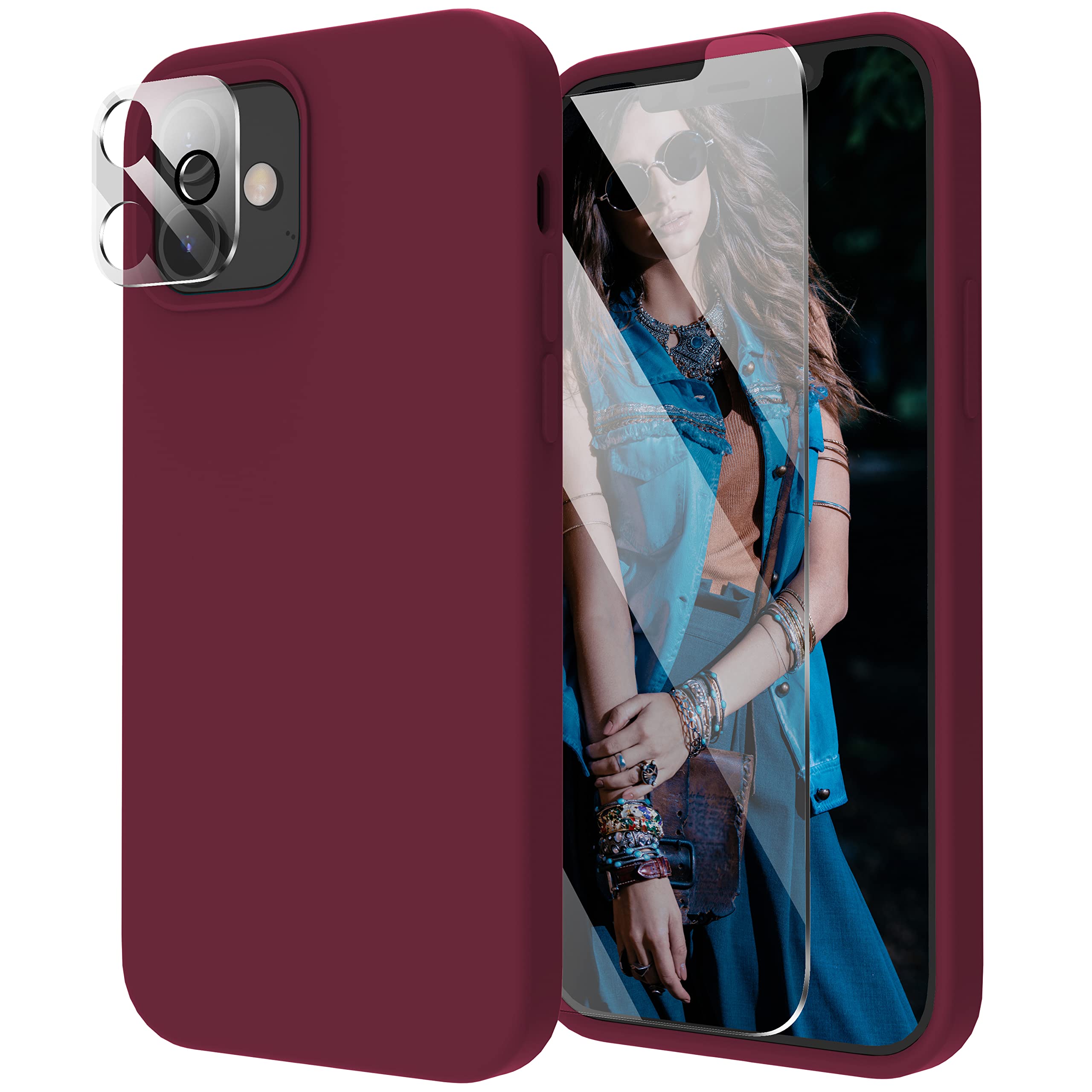 5 in 1 Shockproof iPhone 12 Case & iPhone 12 Pro Case with 2 Screen Protectors + 2 Camera Lens Protectors - Soft Silicone Cover with Microfiber Lining (Plum Color) - Perfect for Daily Protection & Outdoor Activities