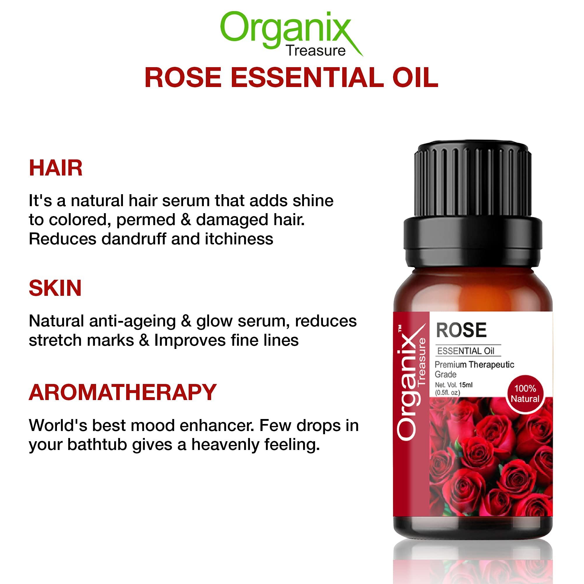 Pure Rose Essential Oil 15ml - Therapeutic Grade for Skin & Hair Care