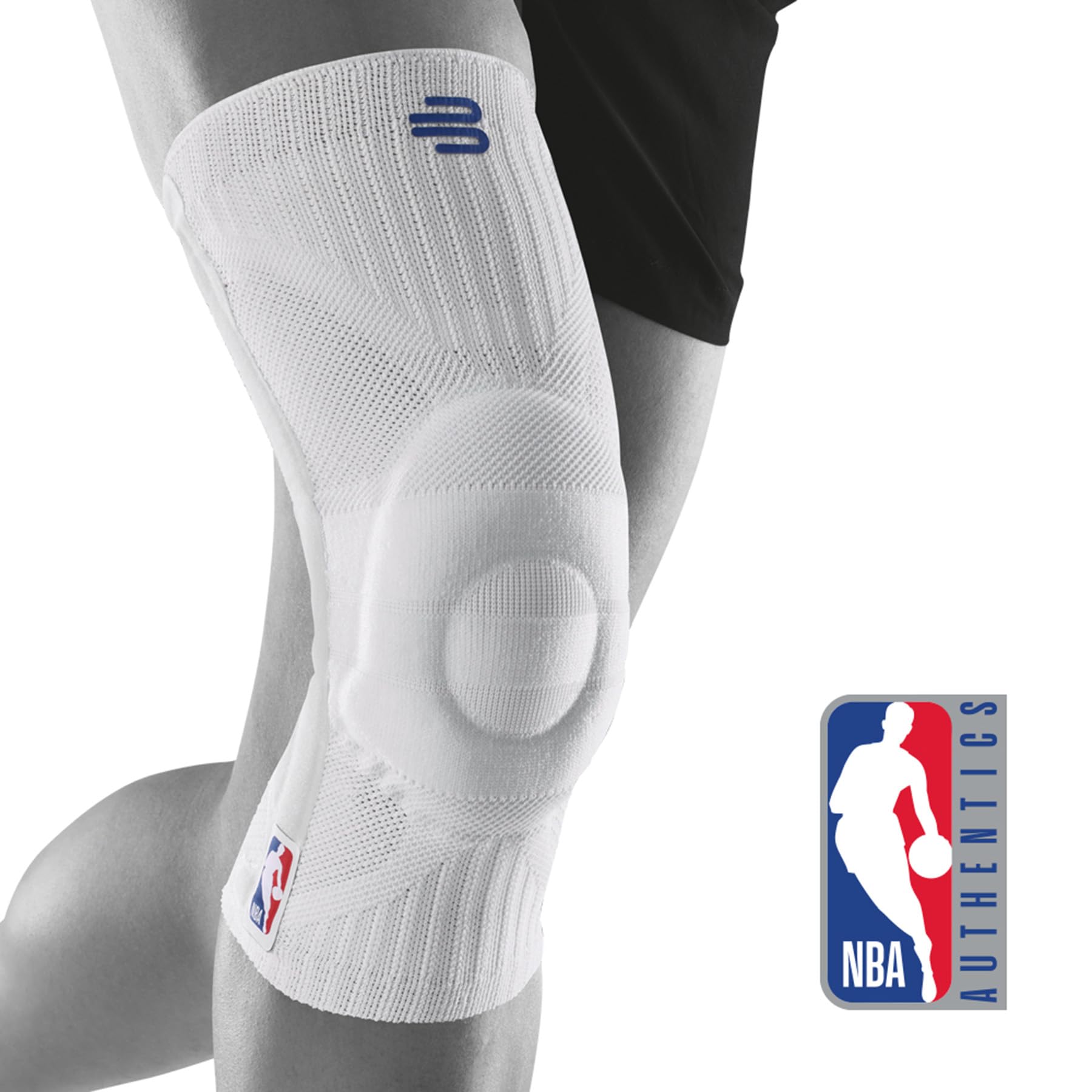 Bauerfeind Sports Knee Support NBA - Officially Licensed Basketball Knee Brace with Medical Compression - Stabilizing Sleeve with Omega Gel Pad for Pain Relief & Joint Support (White, Size S) - Ideal for Basketball, Running, Volleyball & Active Lifestyles