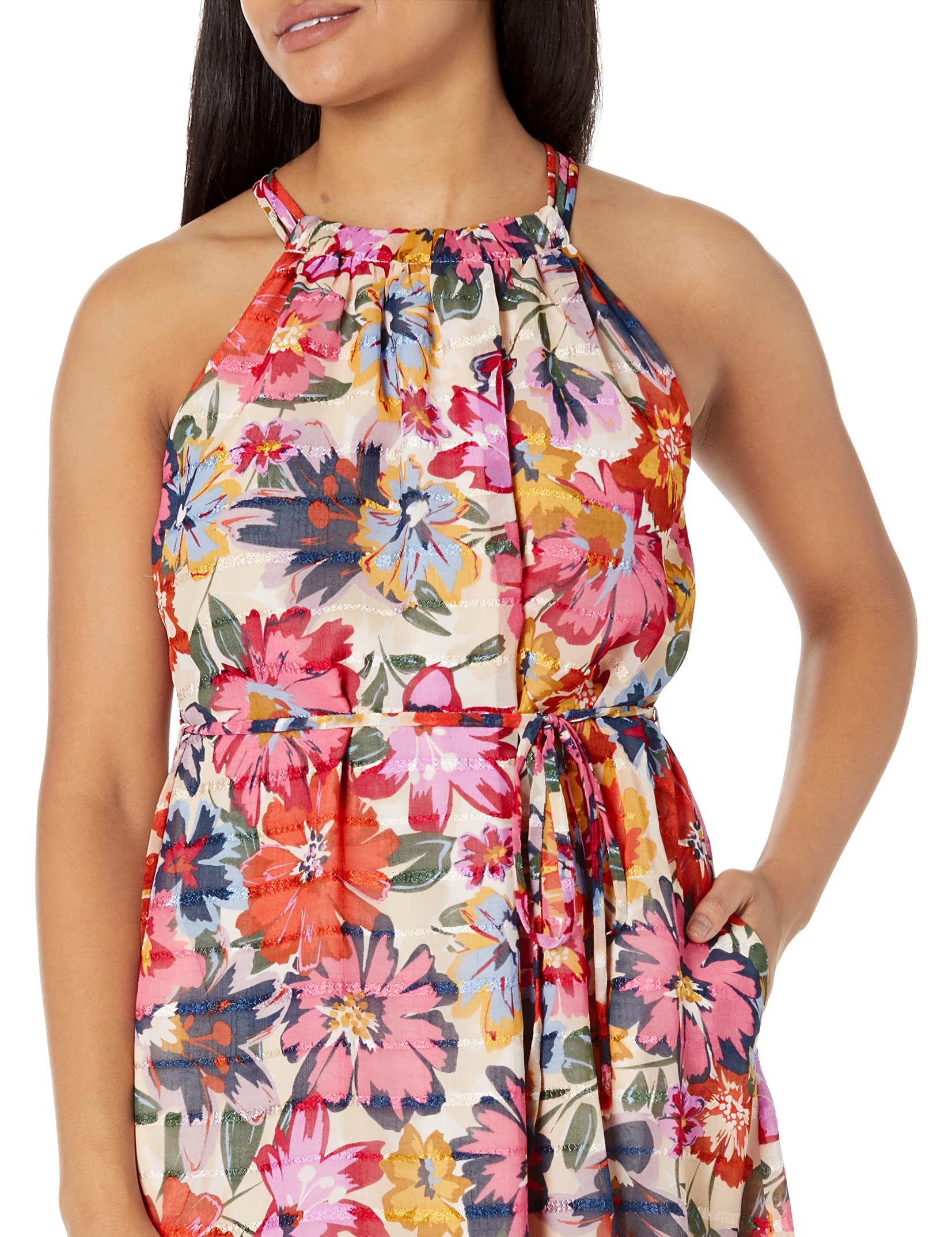 Maggy London Floral Halter Maxi Dress with Waist Tie for Summer Beach