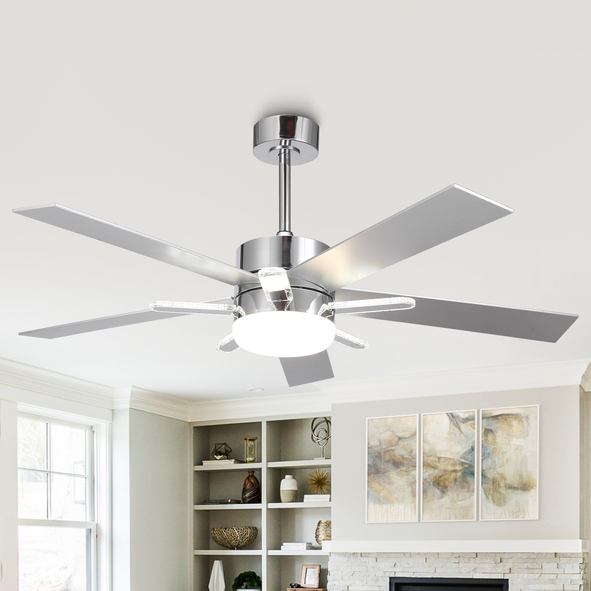 52 Inch Modern Ceiling Fan with Double-Sided Blades, Downrod Mount & Main/Side LED Lights - Perfect for Living Room, Bedroom, and Outdoor Patio Cooling