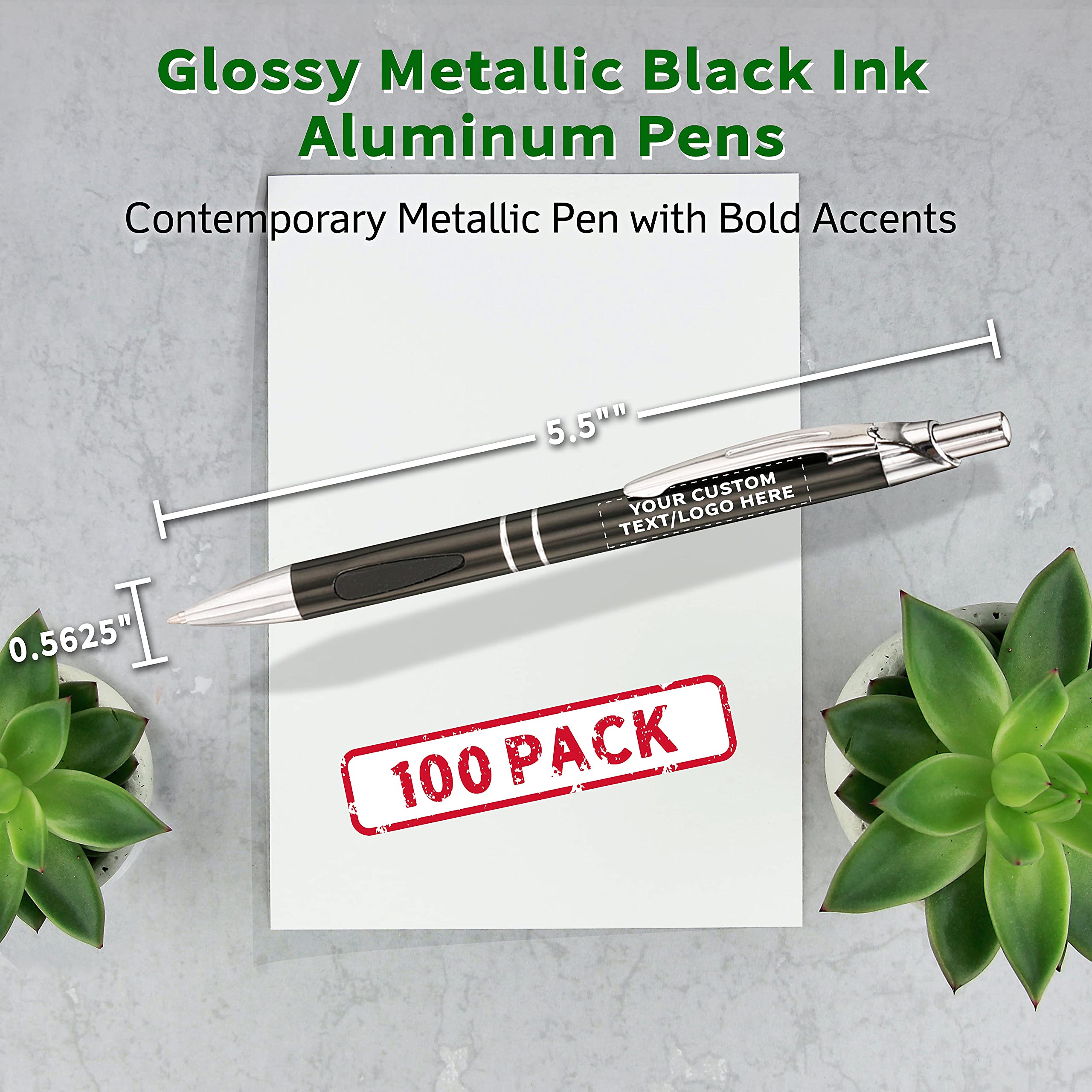 100 Pack Black Ink Metal Pens with Custom Text & Logo - Retractable Ballpoint Pens with Silver Accents - Premium Office & Business Writing Pens for Corporate Gifts, Promotions & Everyday Use