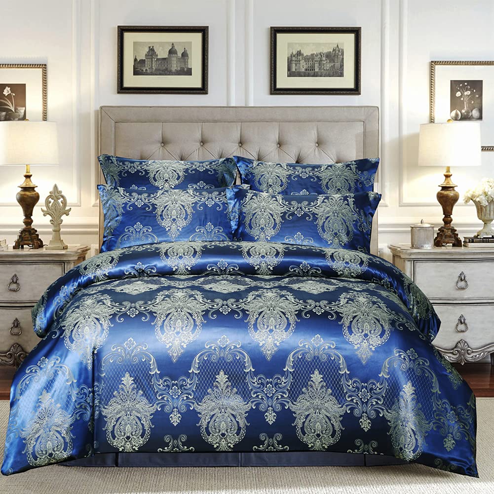 VCTOPS Floral Jacquard Satin Duvet Cover Set King Size - 3 Piece Luxury Silk-Like Bedding Comforter Cover with Zipper Closure & Corner Ties - Blue King Size Bedding for Master Bedroom & Guest Room Decor