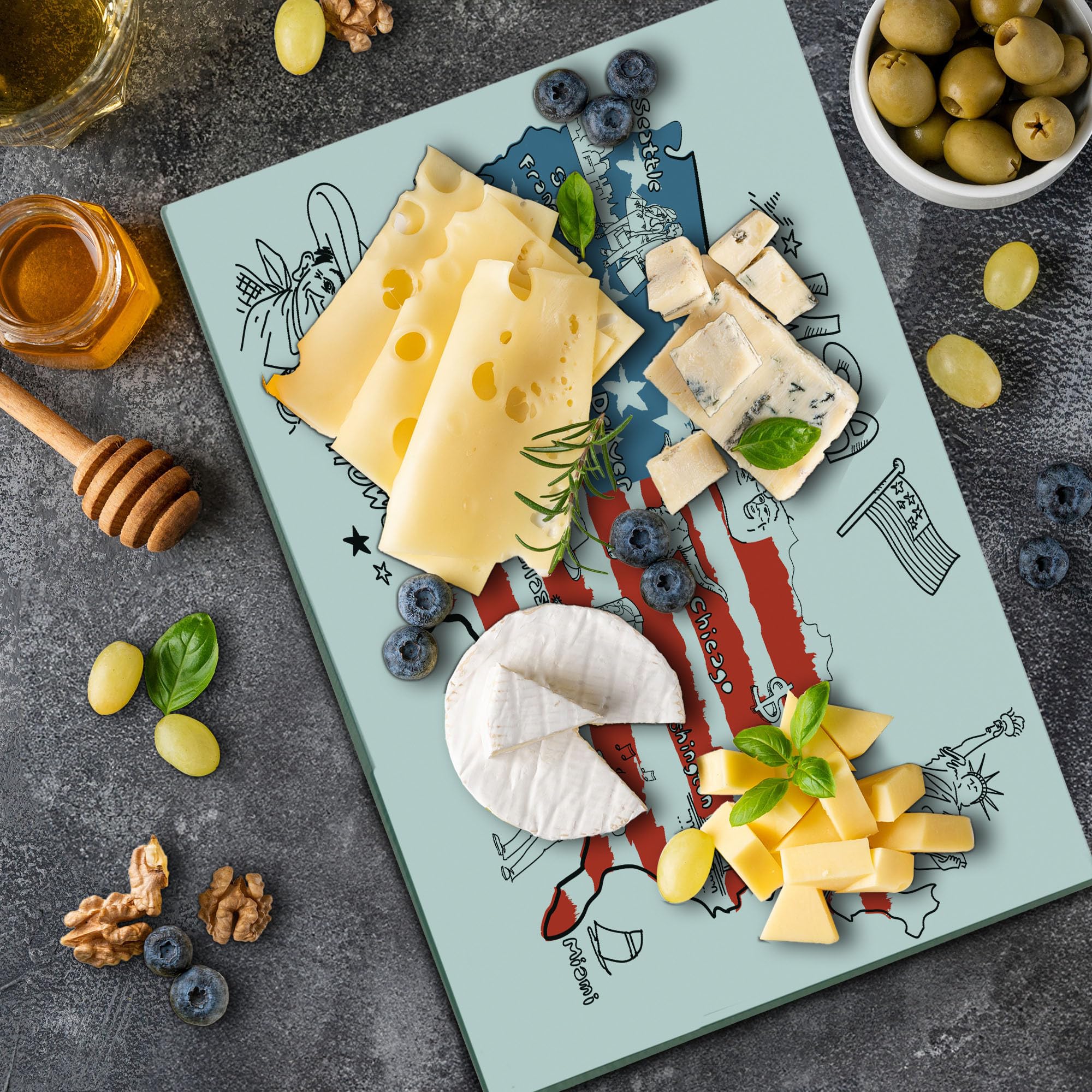 Ambesonne American Flag Cutting Board - Hand Drawn USA Map with All 50 States, Texas Cowboy Themed Tempered Glass Serving Board (Large Size, White Blue Red) - Perfect for Kitchen Decor, BBQ Parties & Patriotic Gift Giving