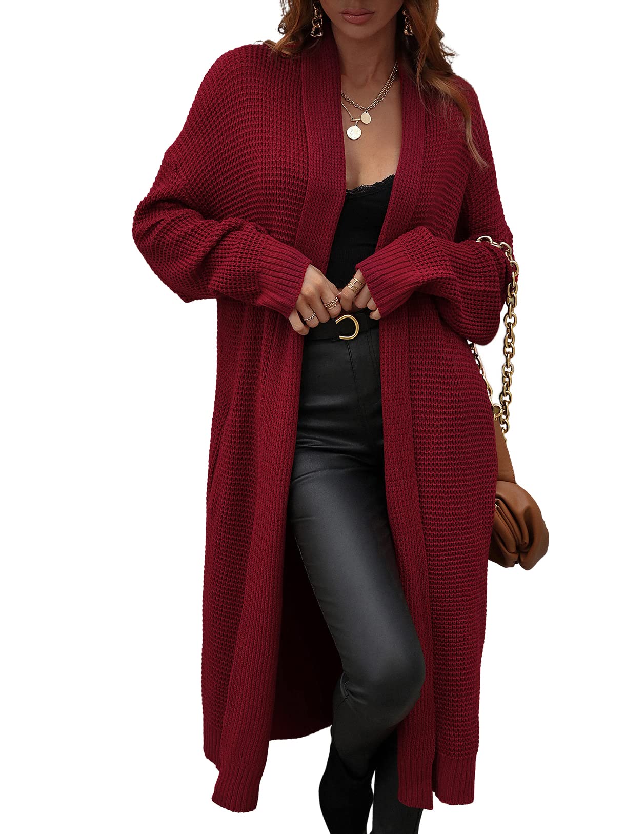 CHARTOU Women's Lightweight Long Waffle Knit Shawl Collar Open Front Duster Cardigan Sweater - Cozy Fall & Winter Layering Piece for Office, Travel and Casual Outfits
