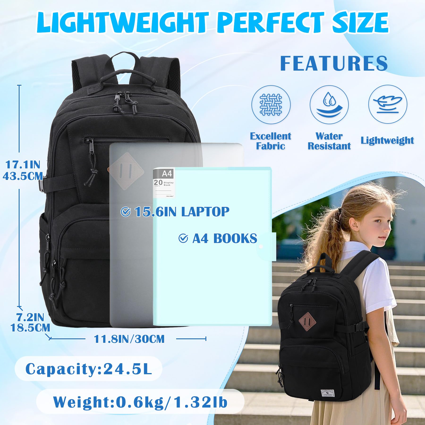 VX VONXURY Water Resistant School Backpack for Teens - Classic Travel Bookbag for Boys & Girls (Black) | Durable Backpack for High School, College & Daily Commute