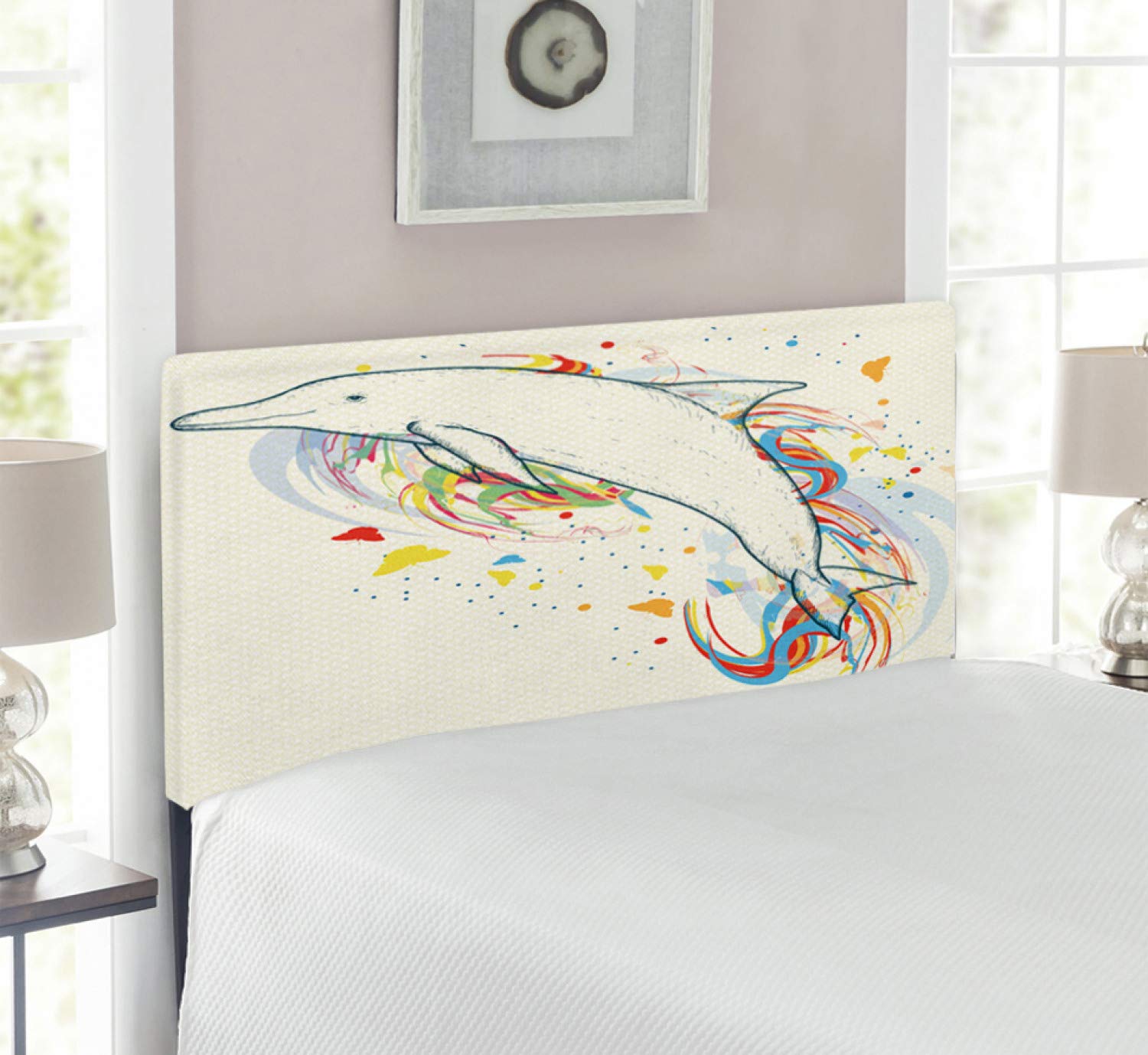 Ambesonne Modern Upholstered Headboard with Memory Foam - Twin Size Dolphin & Rainbow Ocean Animal Design - Decorative Metal Bed Frame for Kids & Teens Rooms - Perfect for Coastal, Nautical or Underwater Themed Bedrooms