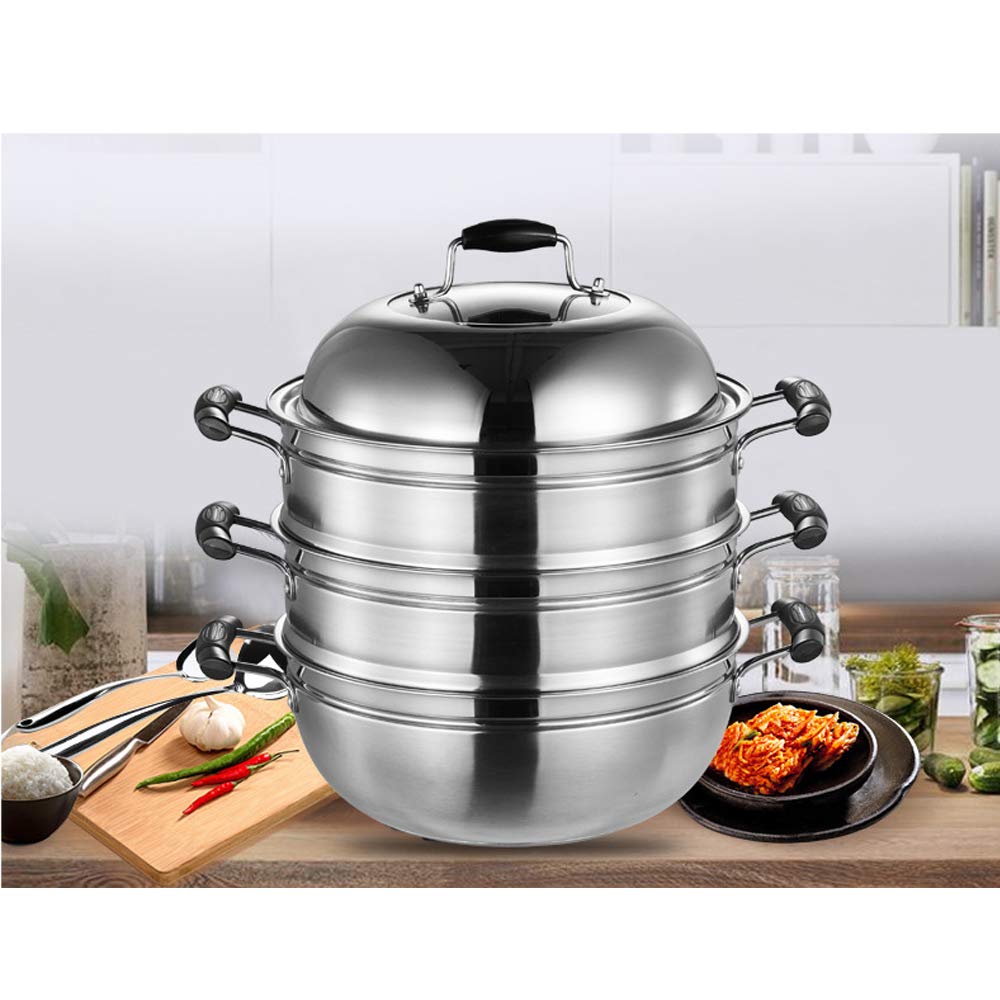 Premium Stainless Steel Steamer Pot - 3-Tier Chinese Vegetable Steamer Basket for Induction Cooker & All Pans (34cm) - Perfect for Healthy Cooking, Dumplings & Seafood