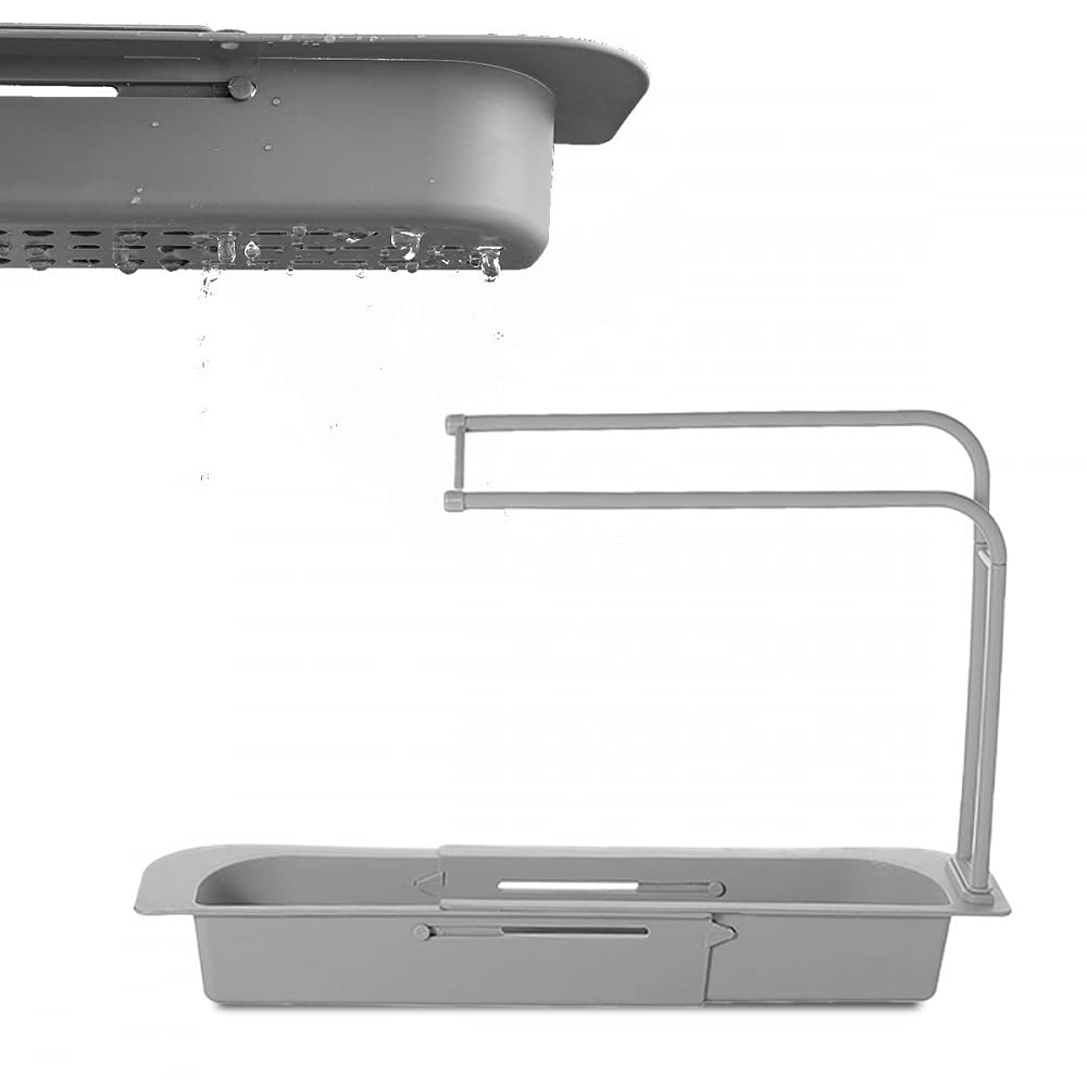 Expandable Dish Drying Rack & Sink Tray - Adjustable Telescopic Sink Holder with Sponge Soap Storage - Gray Kitchen Drain Basket for Countertop Organization - Perfect for Small Spaces and Apartment Living