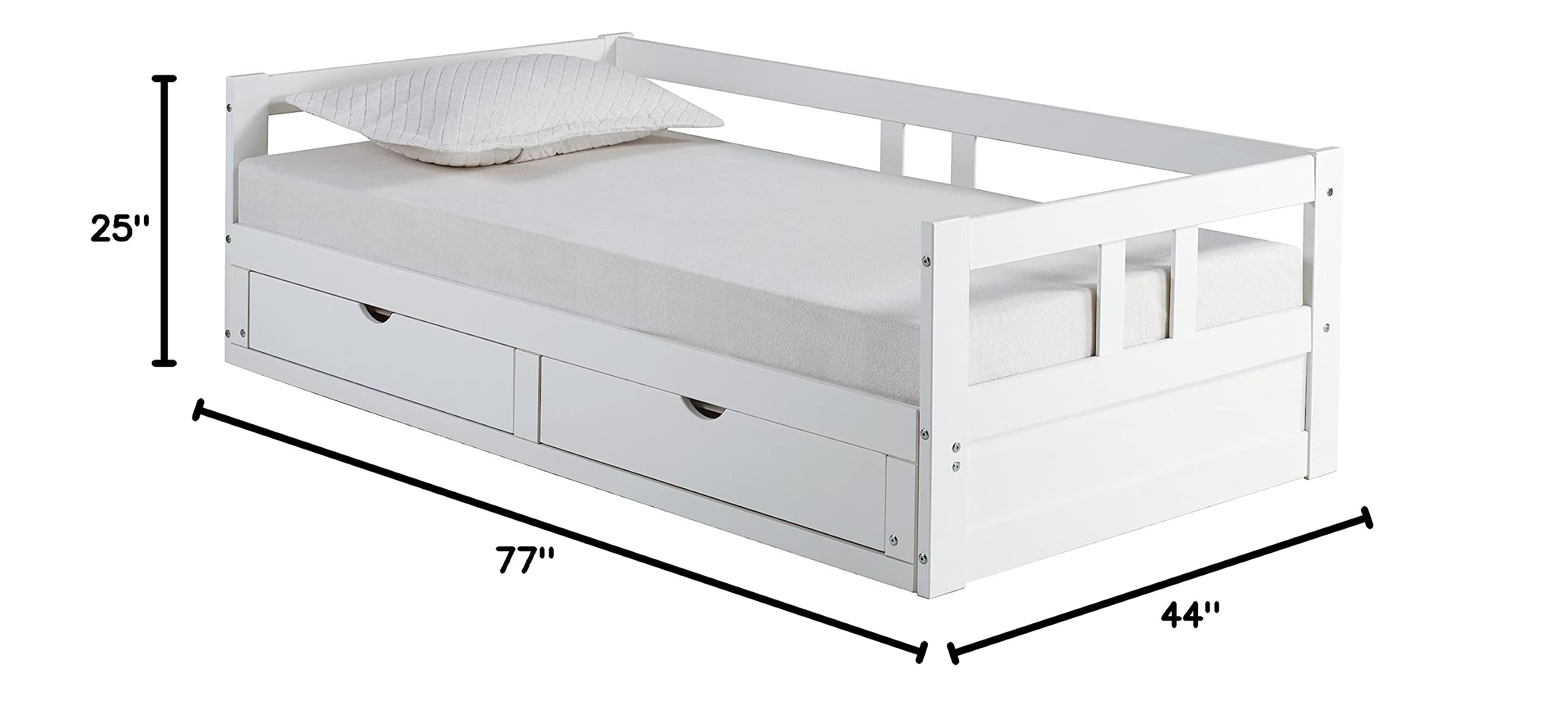 Alaterre Furniture Melody Extendable Pine Trundle Daybed with Underbed Storage - White Twin to King Size - Kids Bedroom Furniture Set with Headboard - Perfect for Guest Rooms, Dormitories & Small Spaces