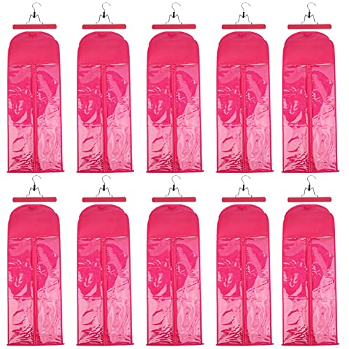 10 PCS Extra Long Hair Extension Storage Bags with Hangers - Dust-Proof Waterproof Wig Organizer, Portable Transparent Zippered Case for Hairpieces (Rose Red) - Perfect for Travel, Salon & Home Storage
