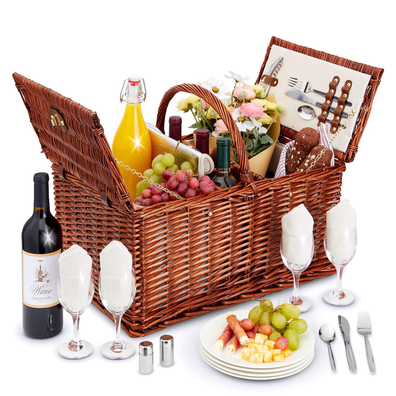 Juvale 4-Person Wicker Picnic Basket Set with Utensils, Wine Glasses & Insulated Cooler Bag - Luxury Camping & Outdoor Dining Essentials for Family Picnics, Beach Outings, and Romantic Getaways