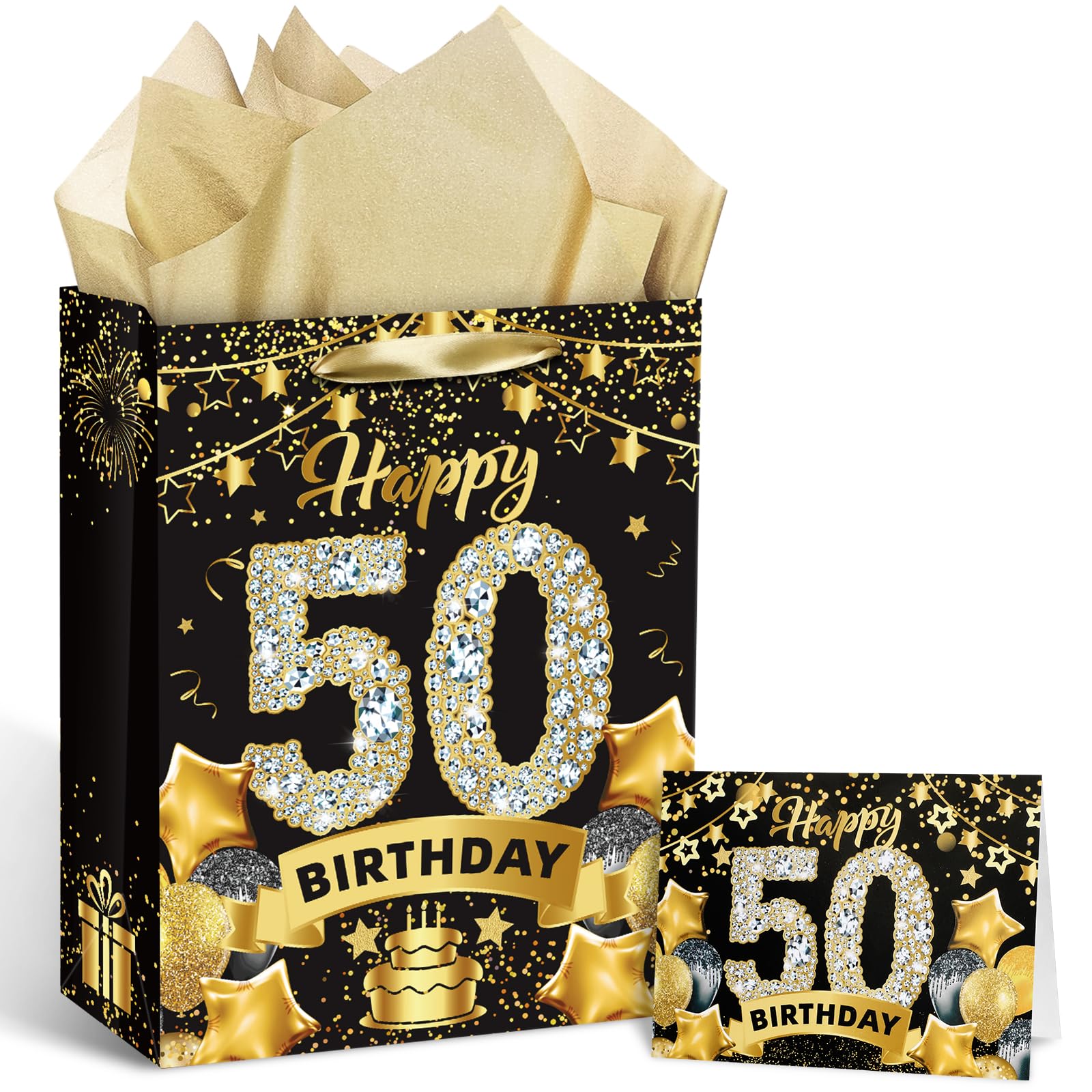 Premium Black & Gold 50th Birthday Gift Bags Set - Includes Tissue Paper & Greeting Card - Elegant Candy Wrapping Bags for Men & Women - Perfect for Christmas, Anniversary & Milestone Celebrations - Great for Party Favors, Candy Packaging & Special Occasion Gifts