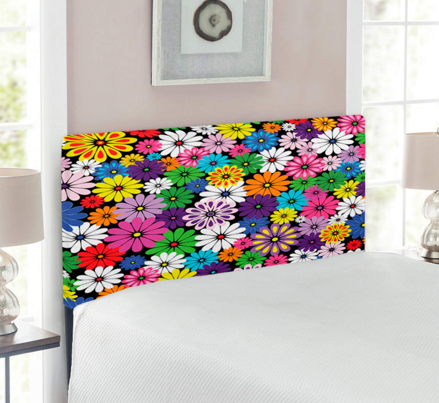 Ambesonne Floral Upholstered Headboard - Twin Size Metal Bed Frame with Memory Foam, Colorful Daisy Wildflower Pattern for Girls Bedroom, Nursery or Guest Room Decor